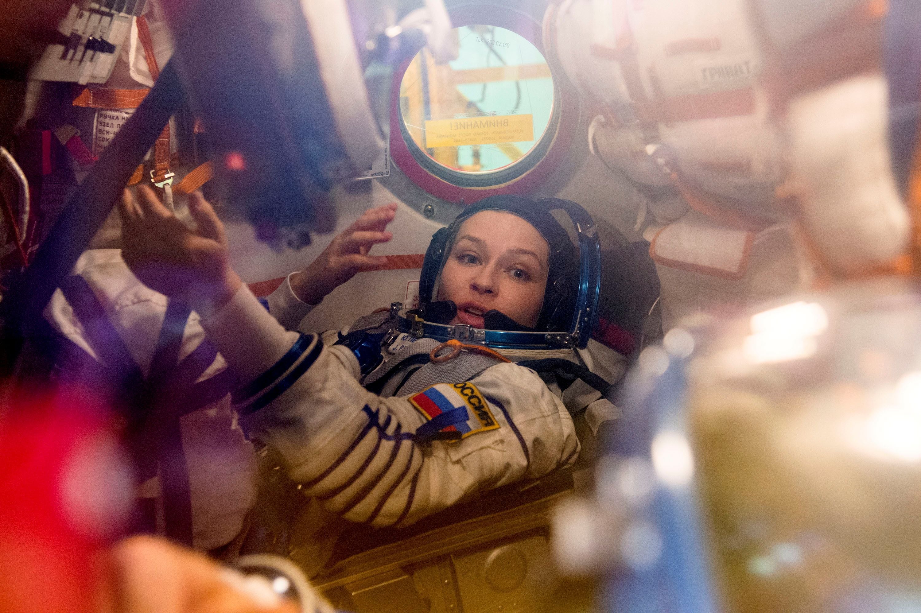 The International Space Station (ISS) crew members attend a training session at the Baikonur Cosmodrome