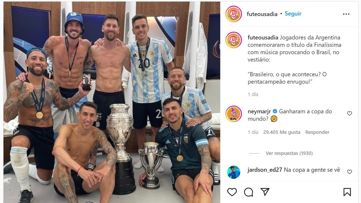 Neymar comentó la publicación que hacía referencia a la celebración de Argentina tras vencer a Italia en la Finalissima.