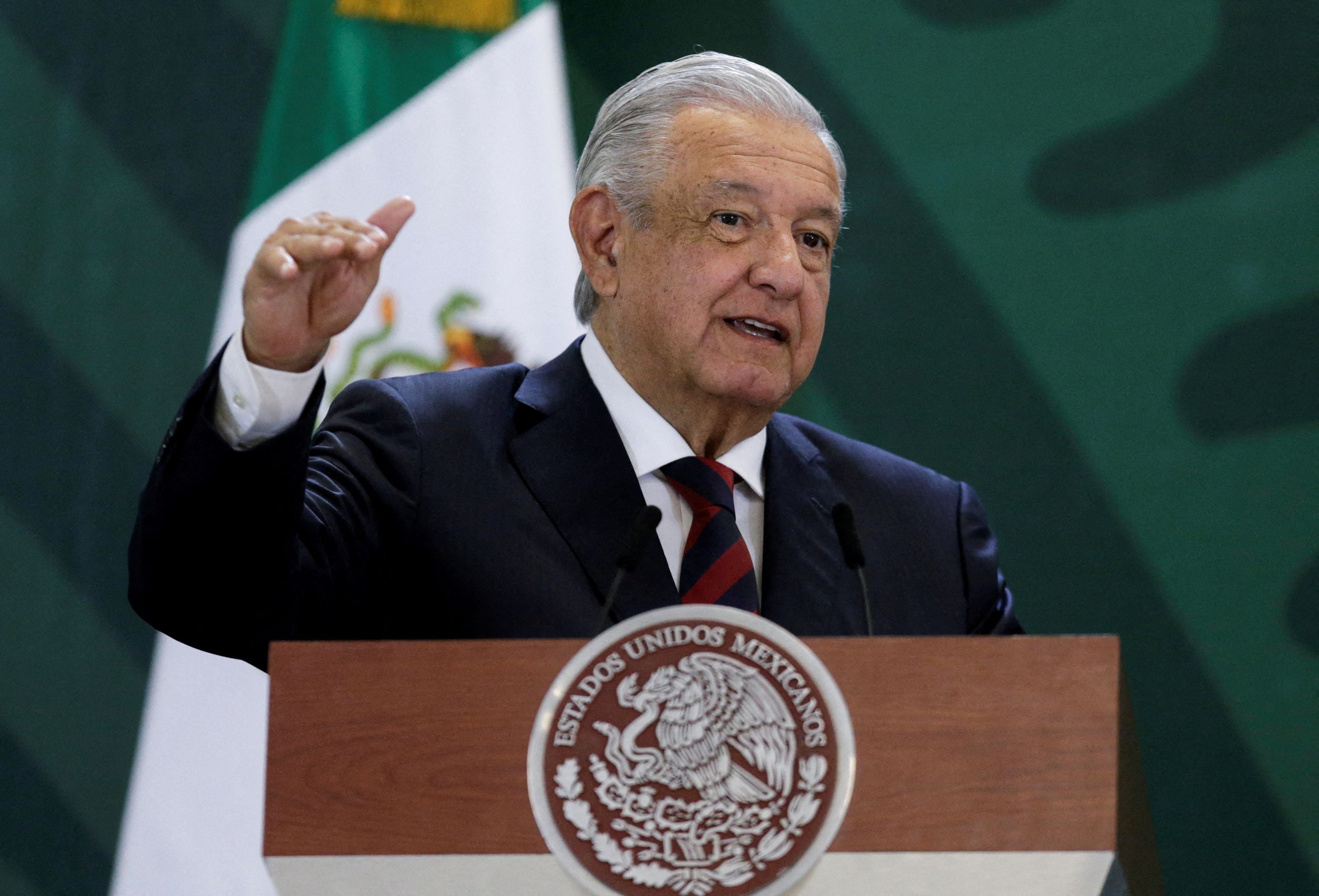 FILE PHOTO: Mexico's President Andres Manuel Lopez Obrador speaks during a news conference at a military base, in Apodaca