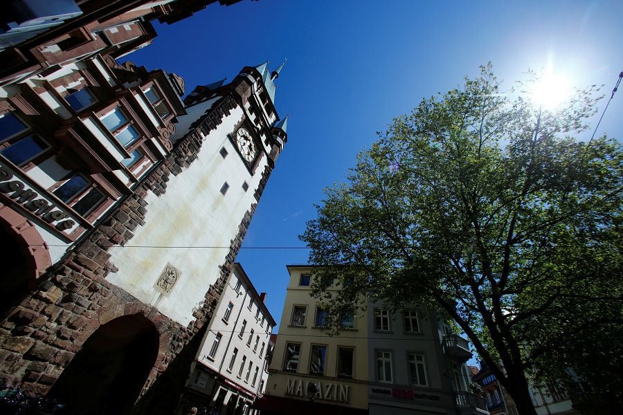 The city gate "Martinstor" is seen in Freiburg