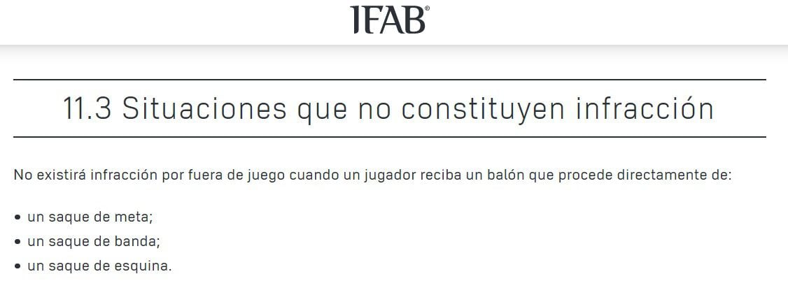 La regla 11.3 indica que no se puede cobrar fuera de juego tras un saque de esquina.