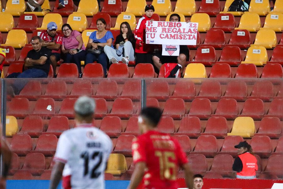 Patricio Rubio parece mirar el cartel del hincha que le pide la camiseta.