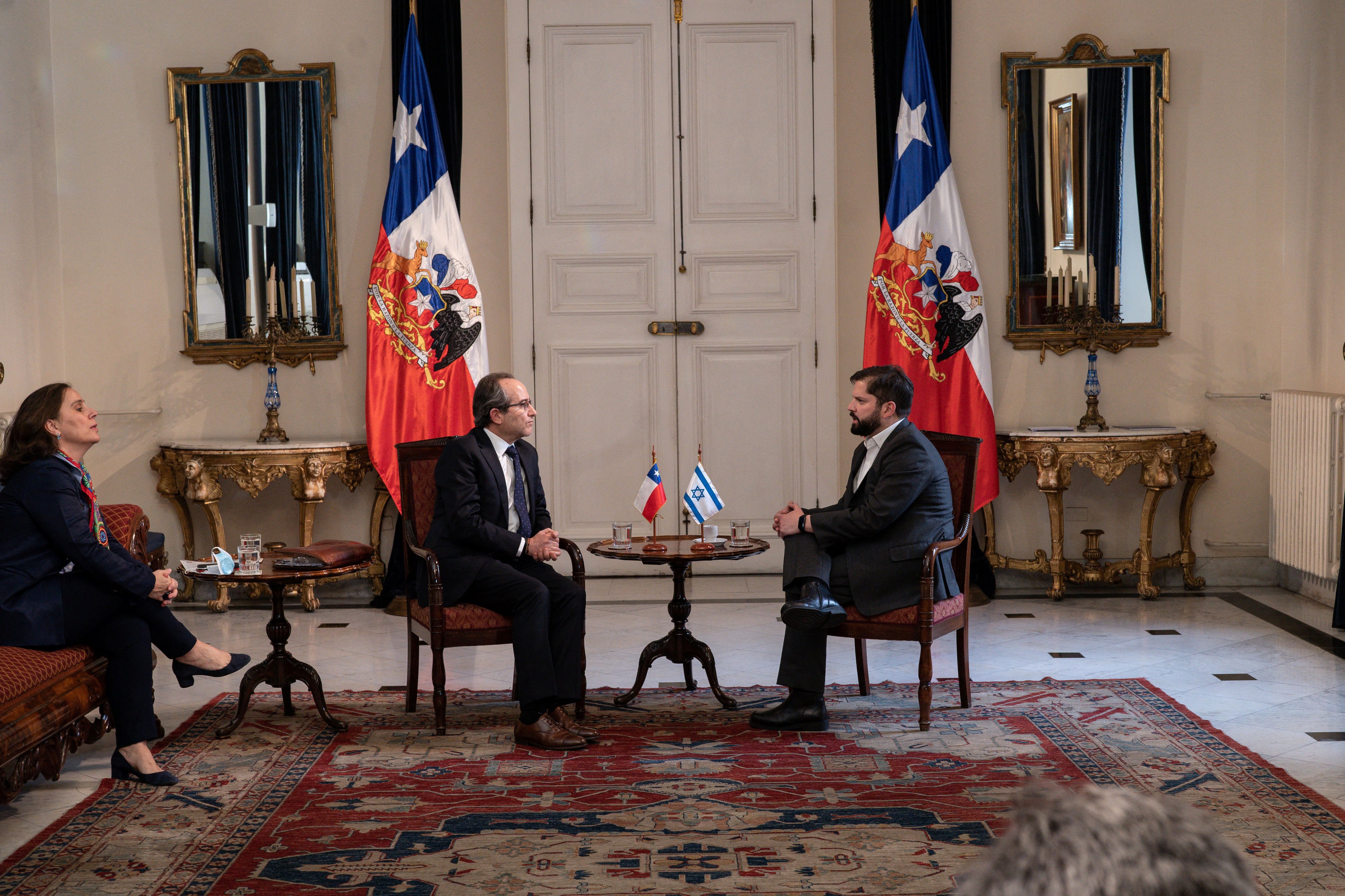 Chile's President Gabriel Boric accepts the credentials of Israel's new ambassador Gil Artzyeli, in Santiago