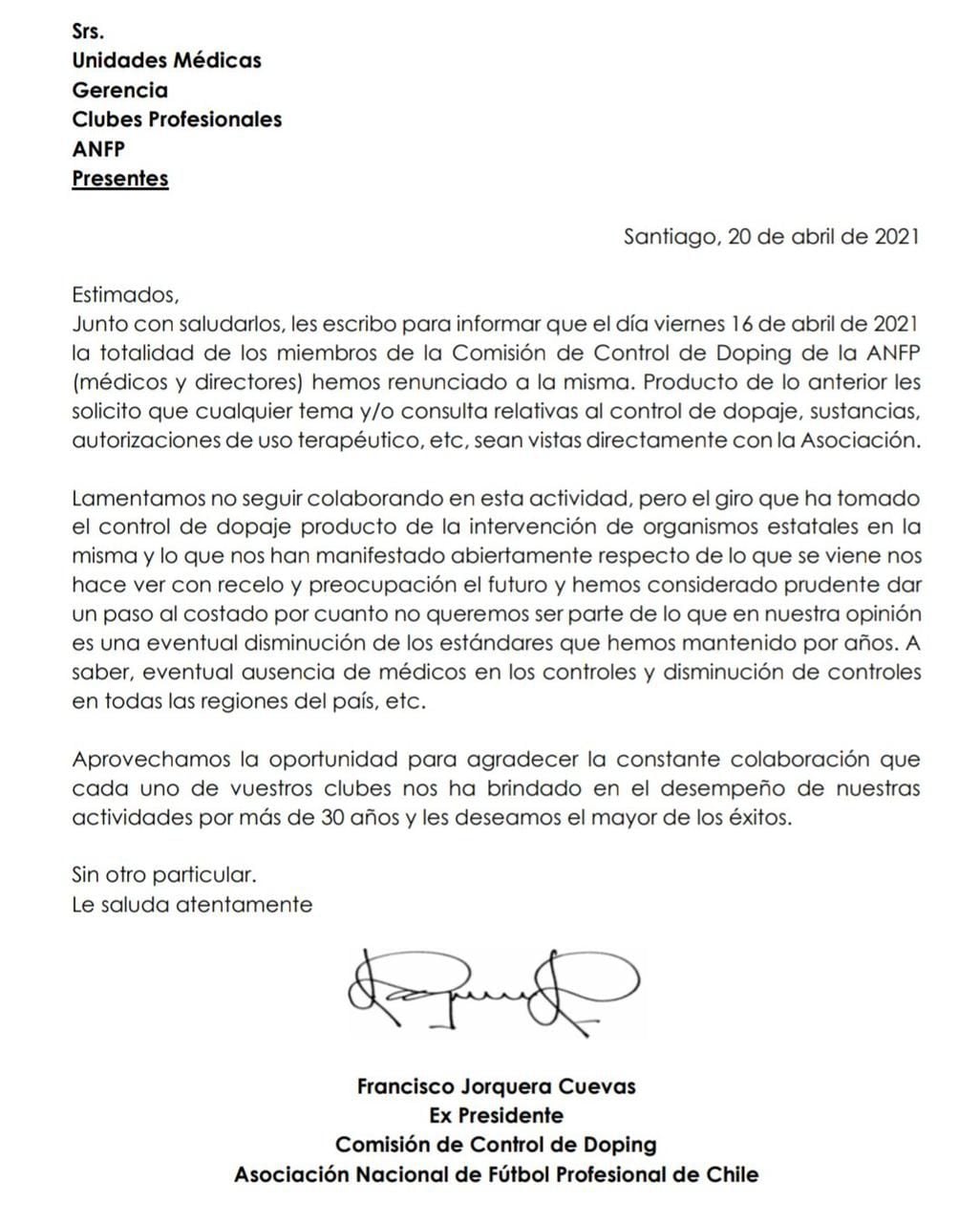 Carta ANFP