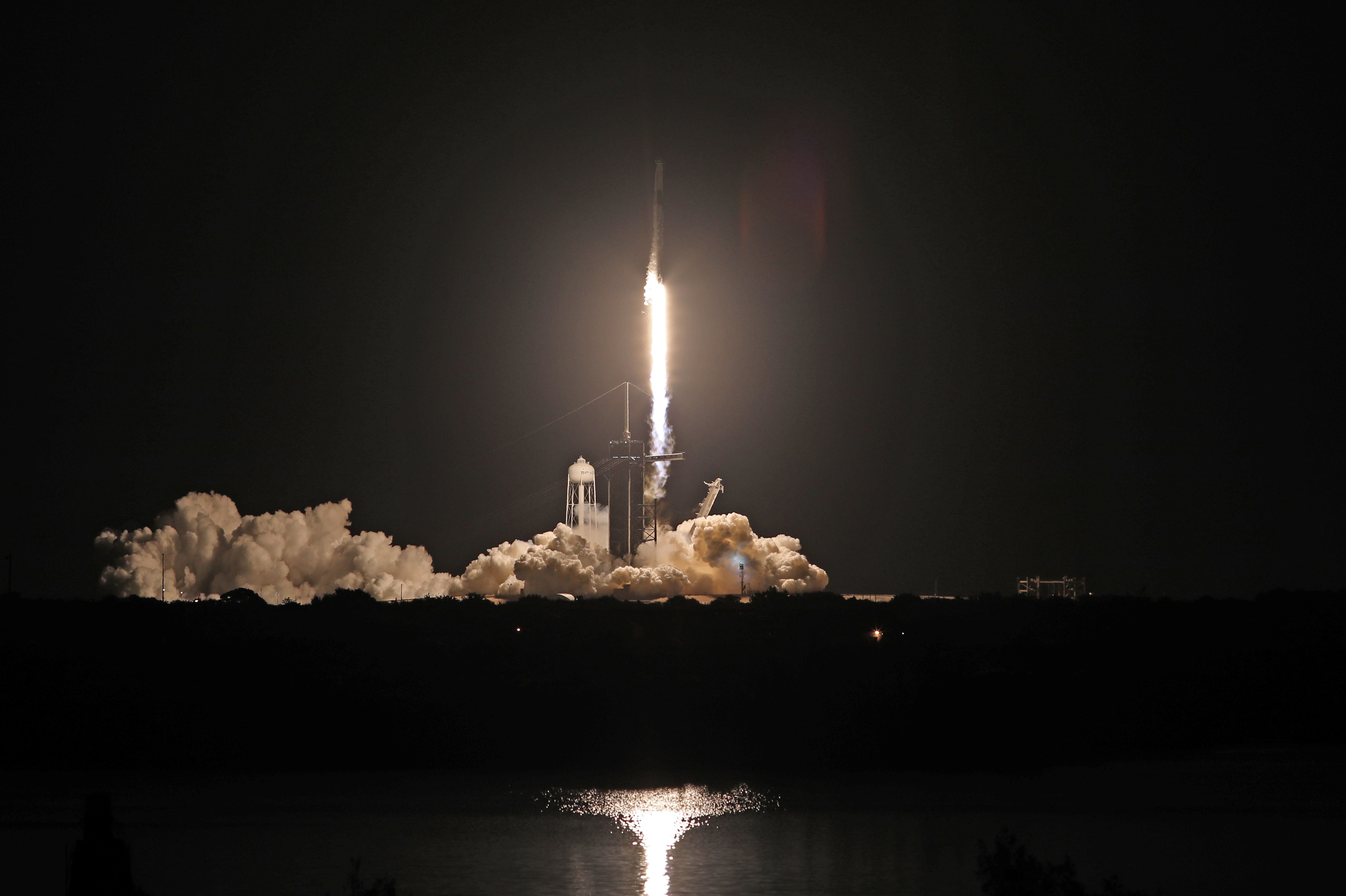 The Inspiration 4 civilian crew aboard a SpaceX Falcon 9 rocket launches from Kennedy Space Center