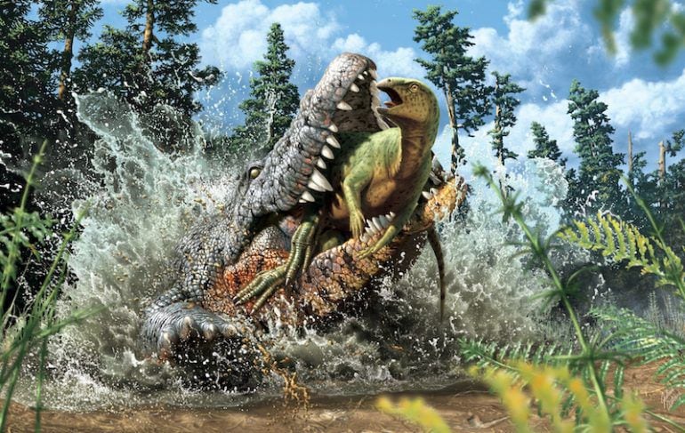 Ilustración que representa al Confractosuchus sauroktonos