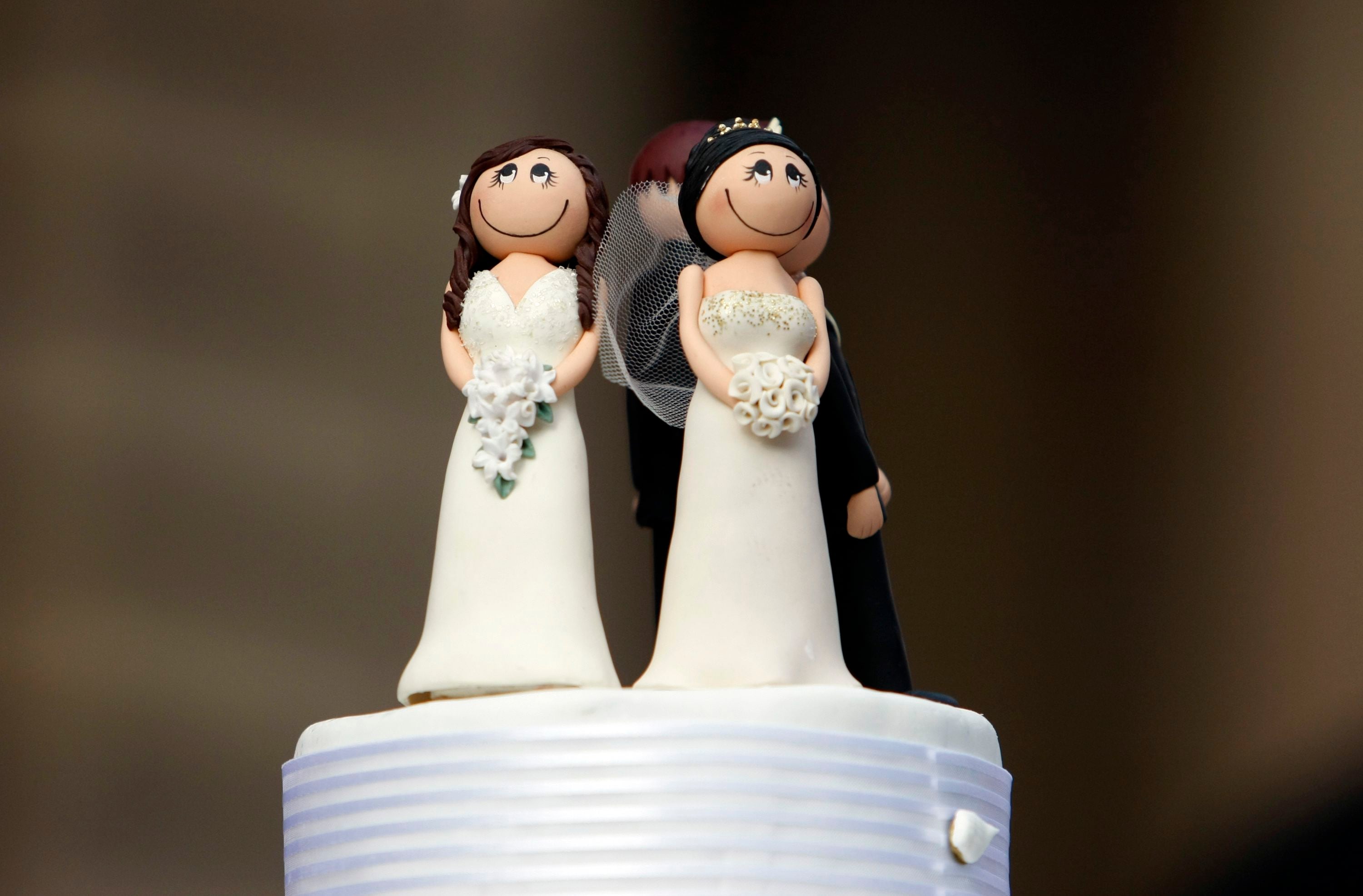 Two bride figurines adorn the top of a wedding cake during an illegal same-sex wedding ceremony in central Melbourne