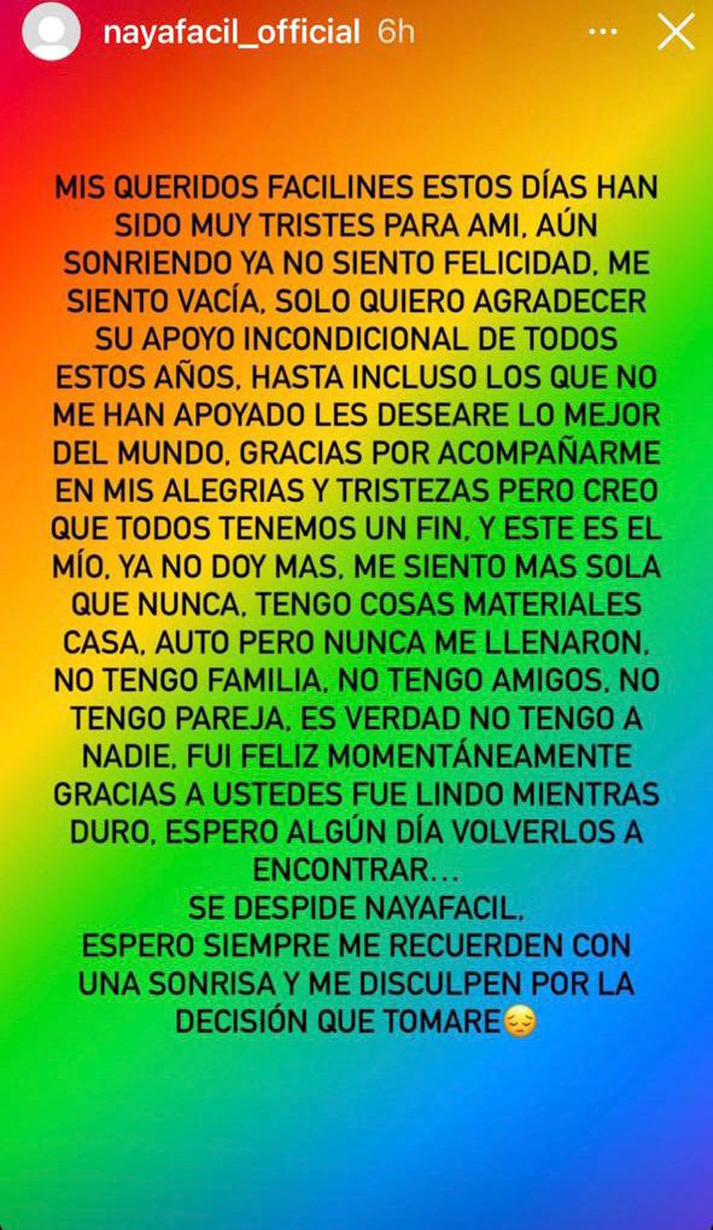 M4HJDBO73RD7DM5CJBR77X2LOE Naya fácil nos tiene a todos colgando de un hilo, ésto tras compatir un preocupante mensaje la madrugada de este jueves en sus redes sociales, el cual inmediatamente alertó a sus fanáticos y medios de comunicación.