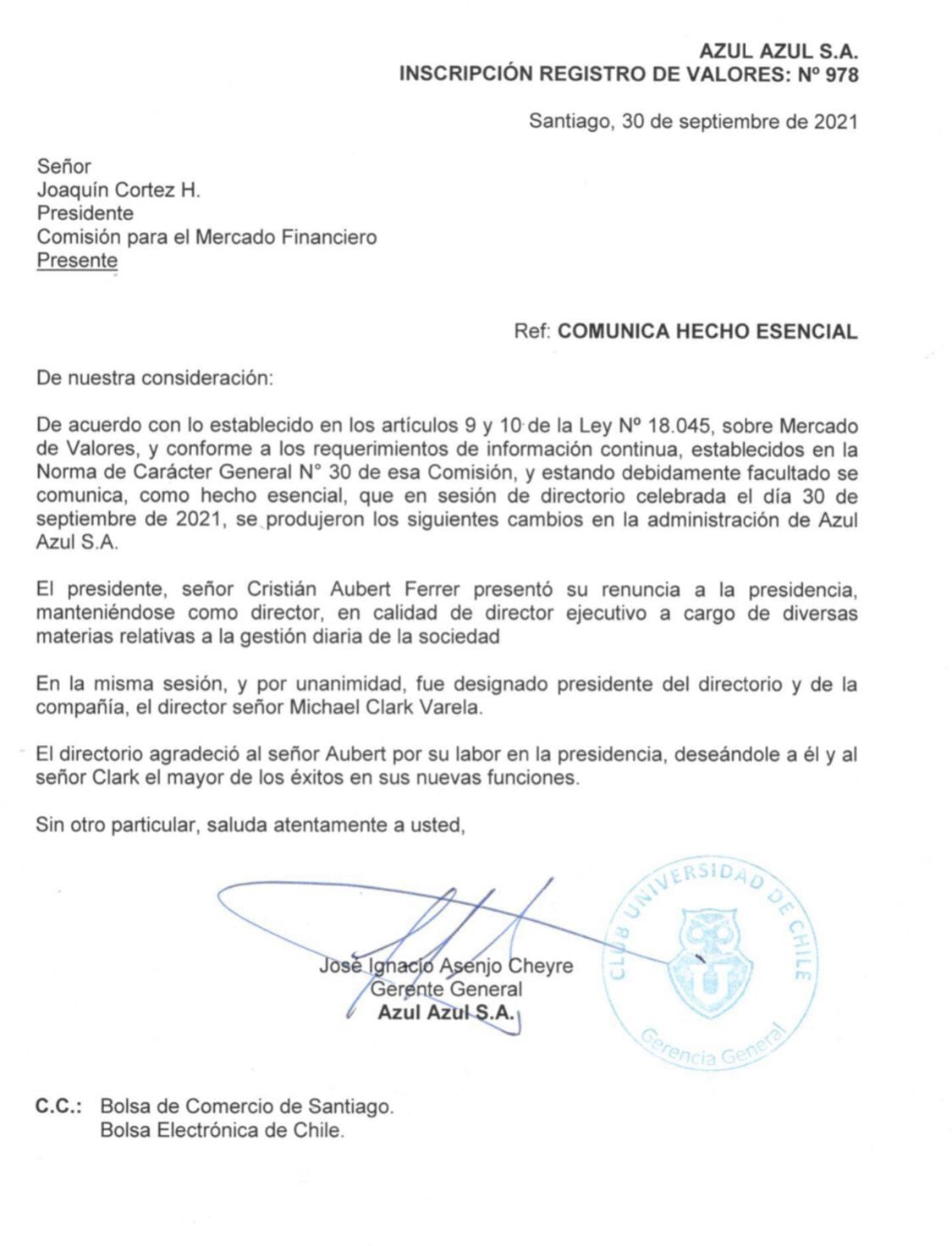 La circular que anuncia la asunción de Michael Clark a la testera de Azul Azul.