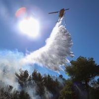 Bomberos griegos combaten un nuevo incendio forestal cerca de Atenas en medio de fuertes vientos
