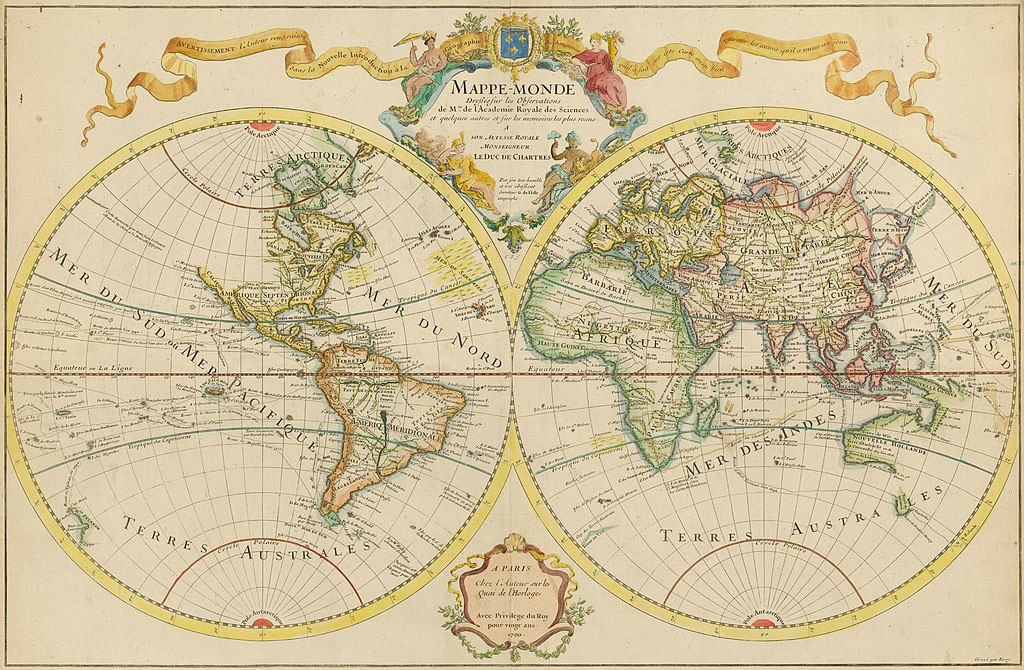 Llevamos cientos de años colocando cuadrículas sobre nuestros mapas, como en este mapamundi de 1689. Wikimedia Commons