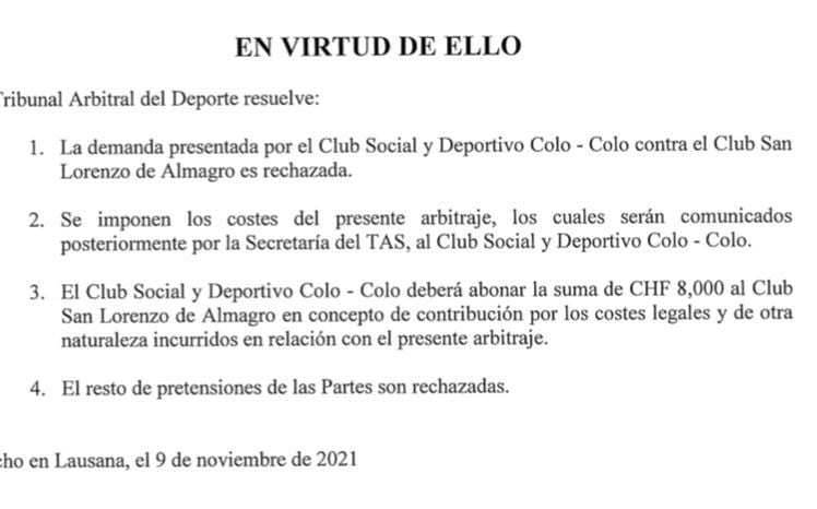 El fallo del TAS que condena a Colo Colo a pagarle a San Lorenzo por Blandi.