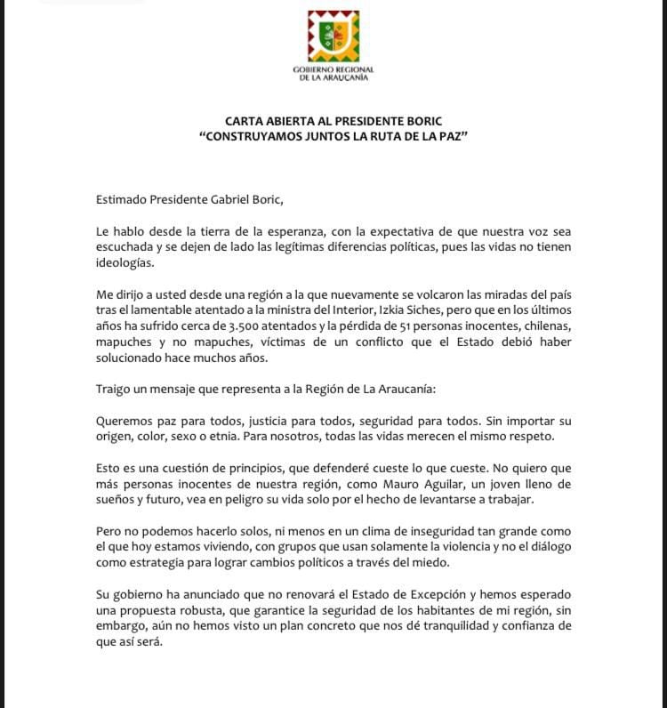 Carta al presidente Boric de parte del gobernador de la Araucanía