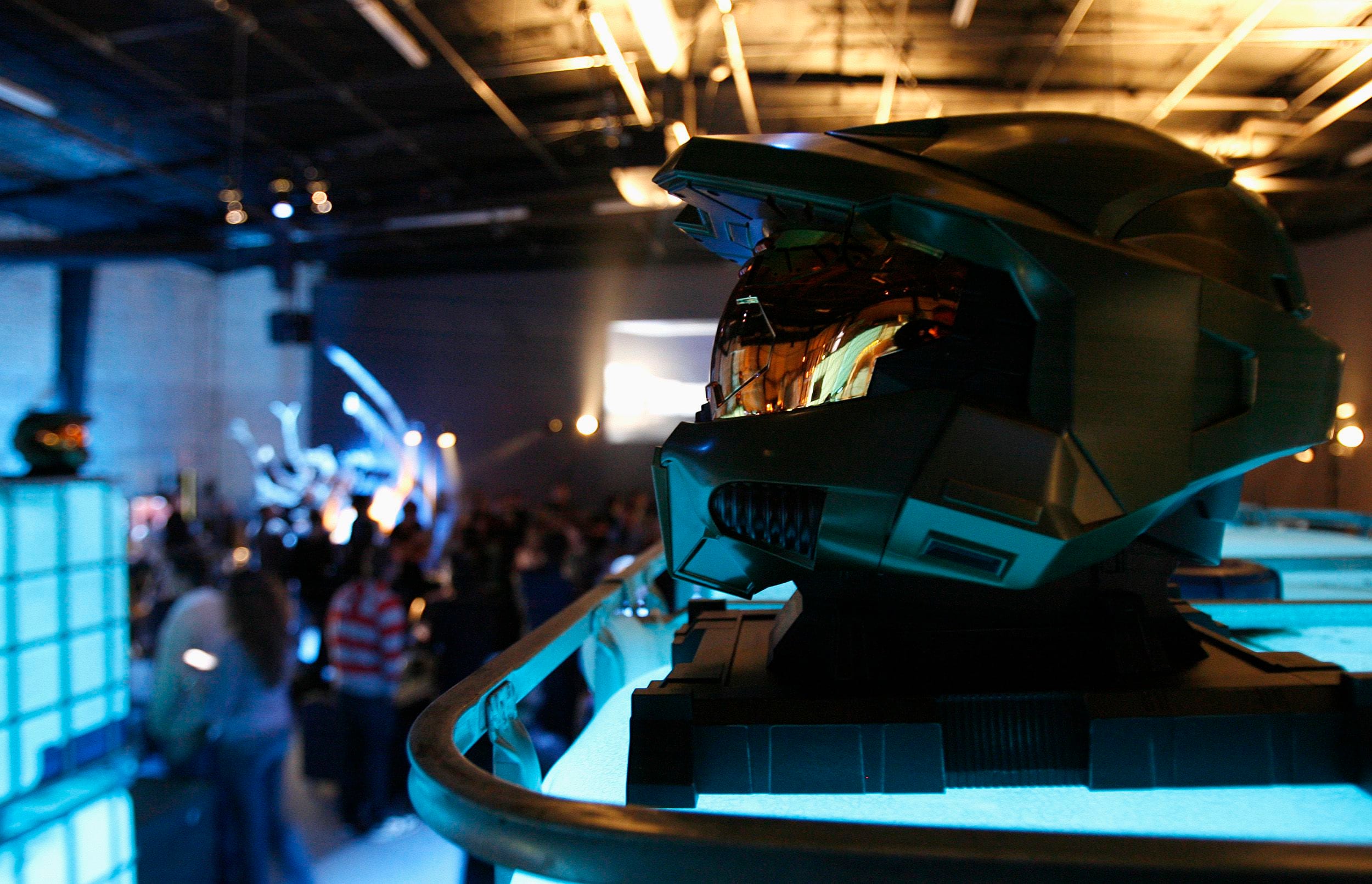 The Spartan helmet CD case of the Xbox 360 Halo 3 Multiplayer Beta is on display during the preview party in Los Angeles