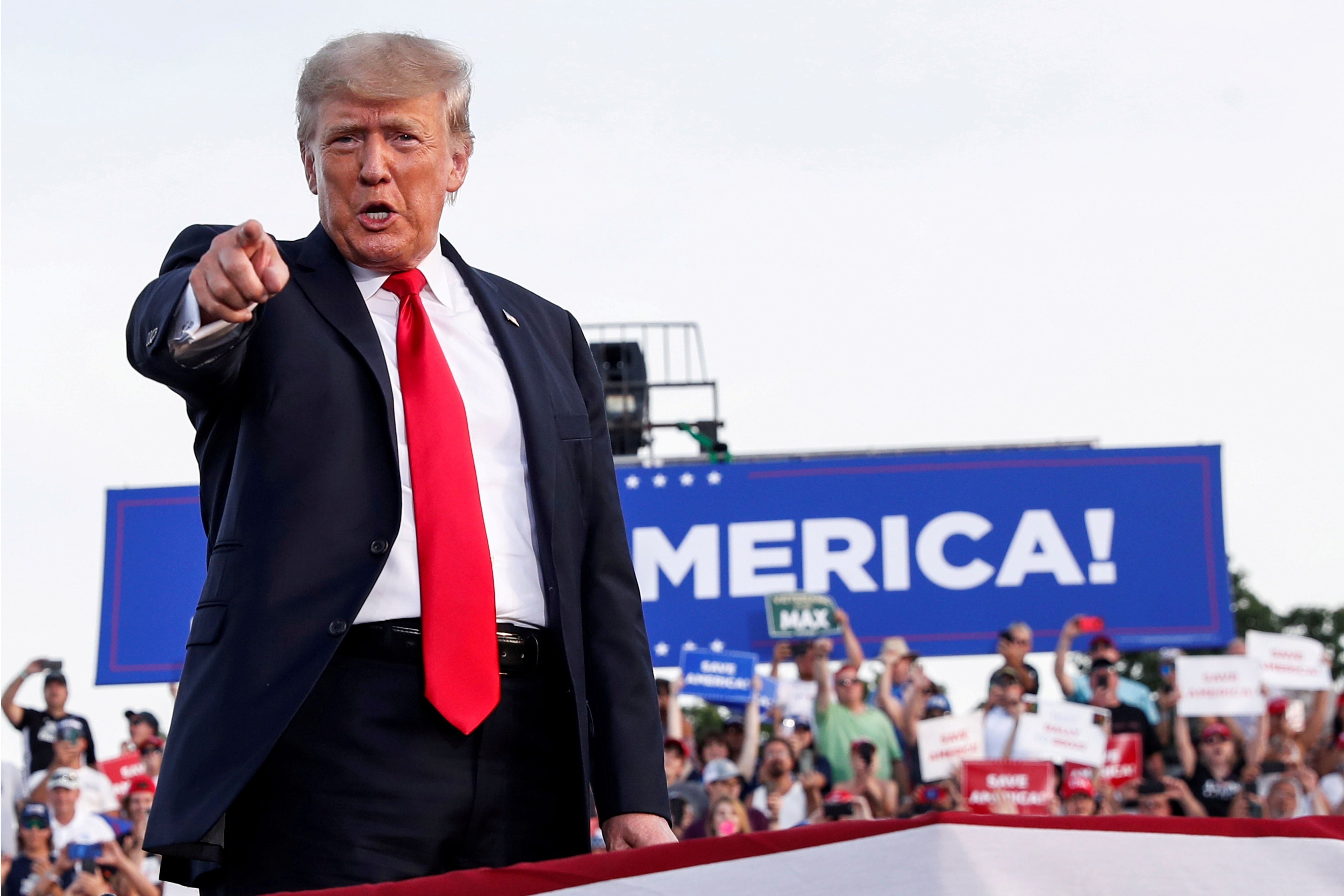 FILE PHOTO: Former U.S. President Trump holds a rally in Wellington, OH