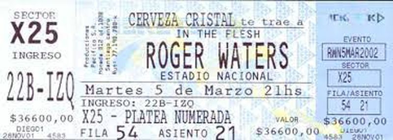 Entrada oficial para el concierto debut de Roger Waters en Chile. Recuperado de oocities.com