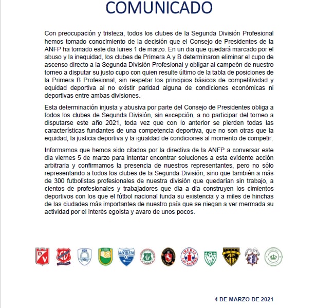 Comunicado Segunda División