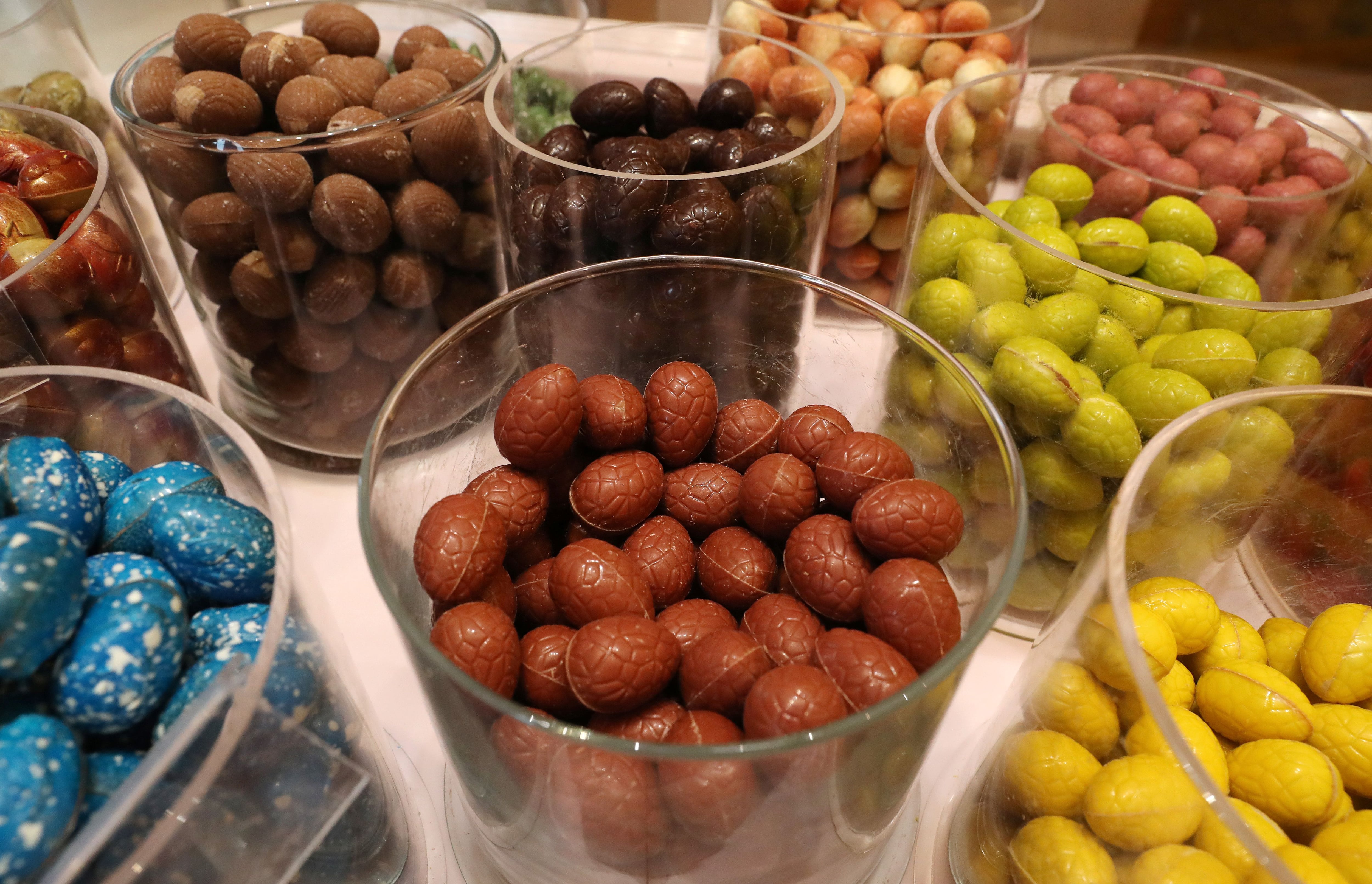 Chocolate eggs are seen at a Wittamer chocolate boutique ahead of the Easter weekend in Brussels