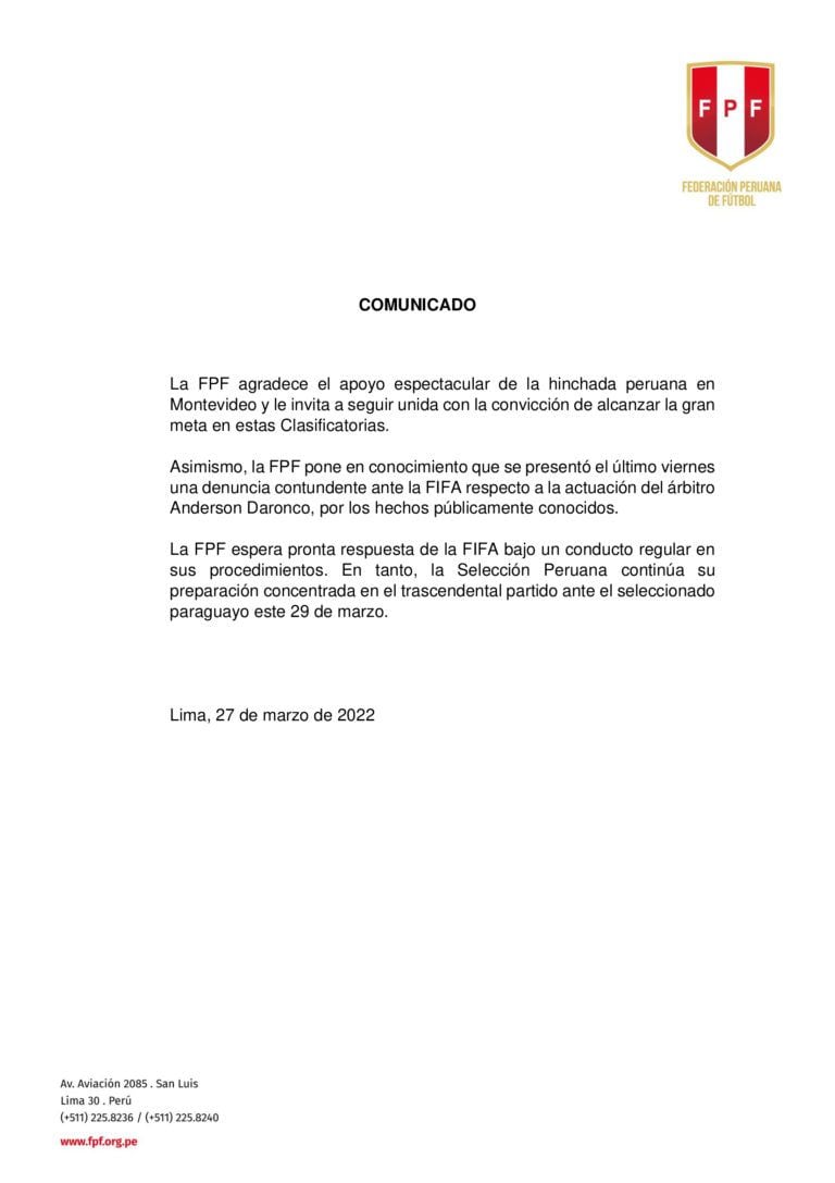 El comunicado que publicaron desde la FPF.