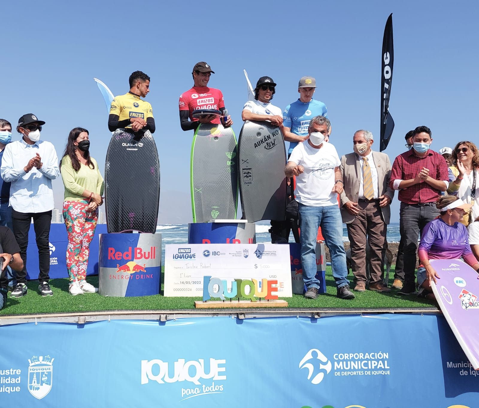 El podio masculino del Erizos Iquique Bodyboard Pro 2022. Foto: Prensa Corporación Municipal Iquique.