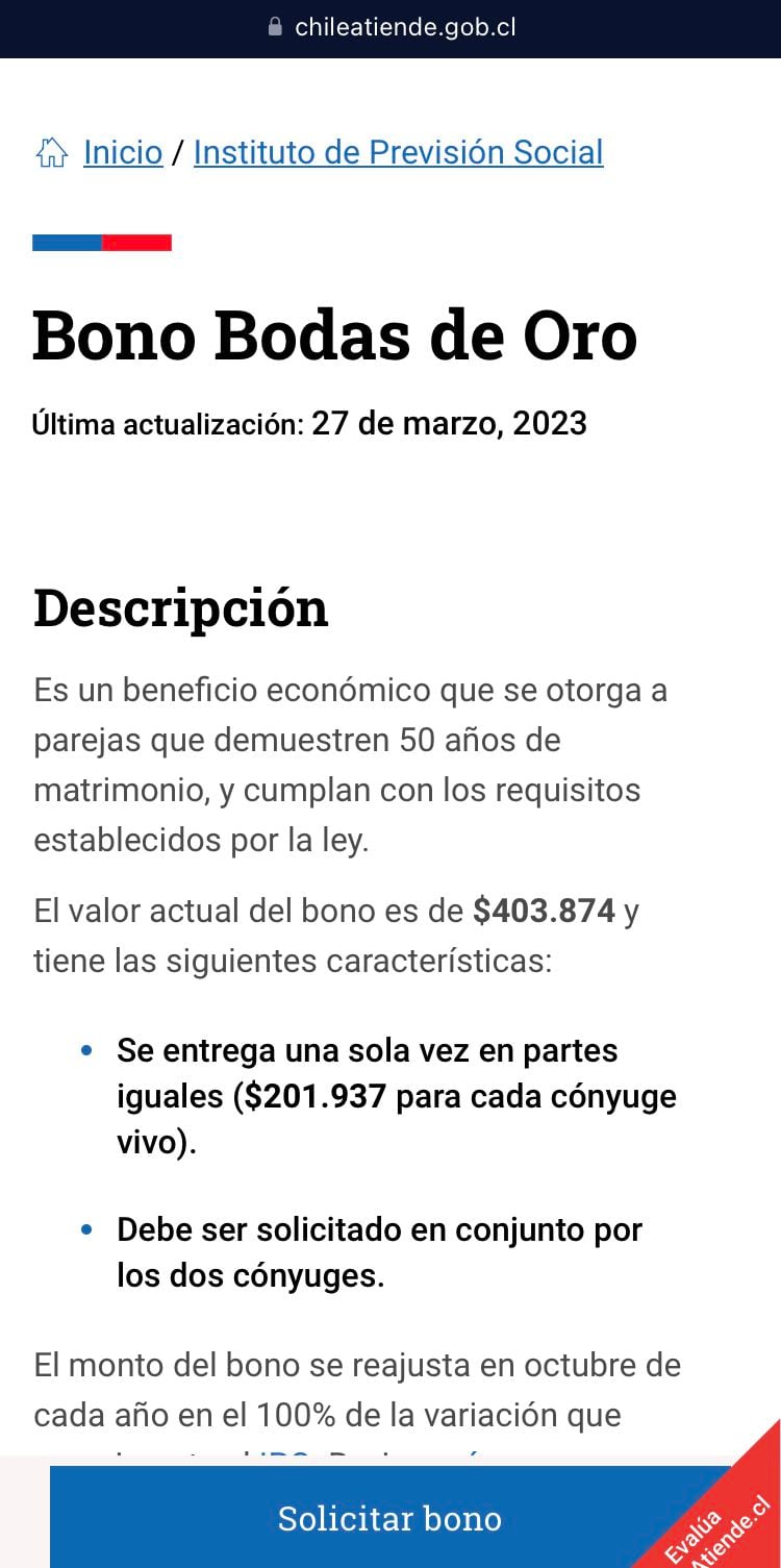 Sitio de ChileAtiende para solicitar el Bono Bodas de Oro.