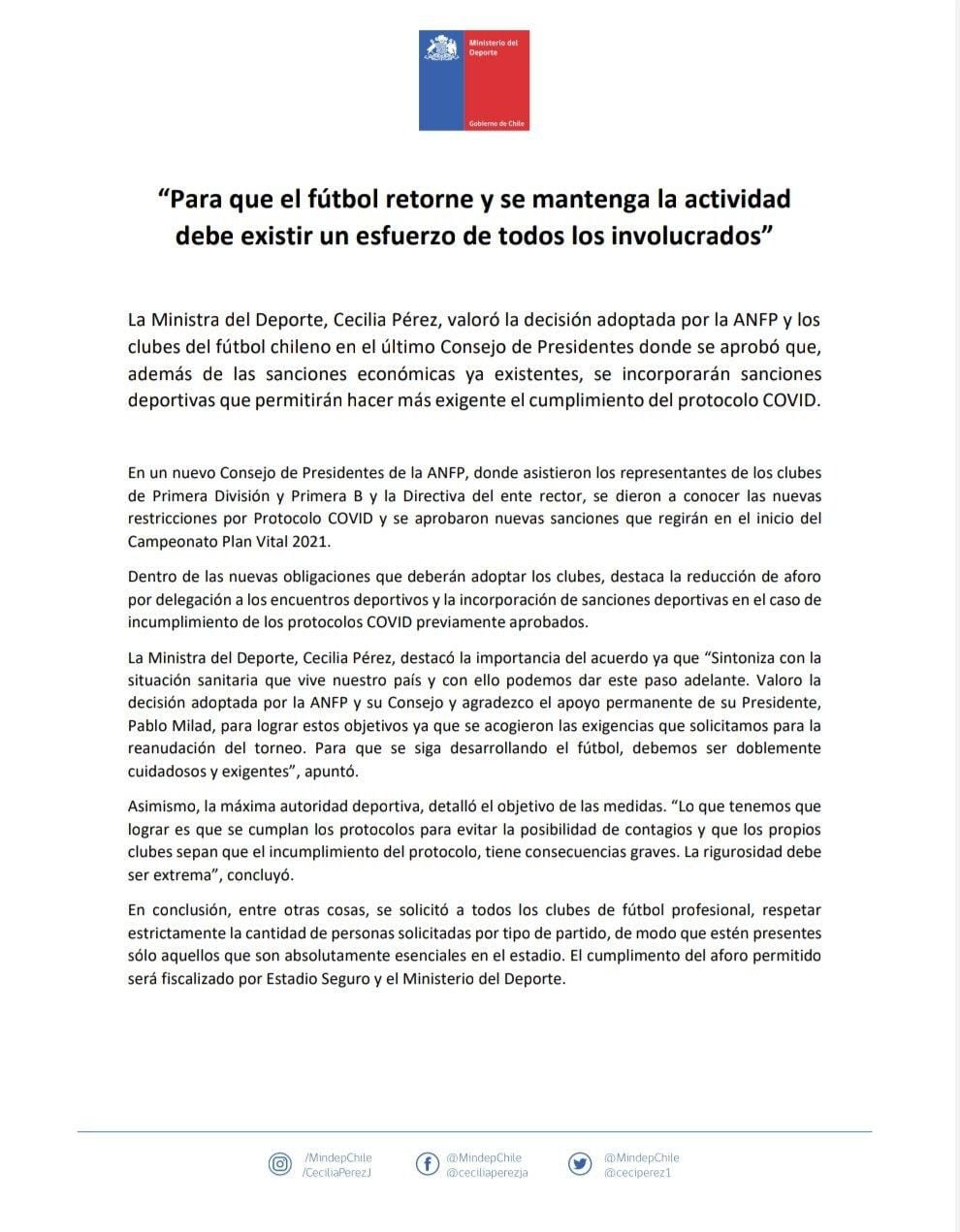 Comunicado del Ministerio del Deporte tras el Consejo de Presidentes de la ANFP, en el que se endurecieron los castigos para los clubes que incumplan los protocolos contra la Covid-19.