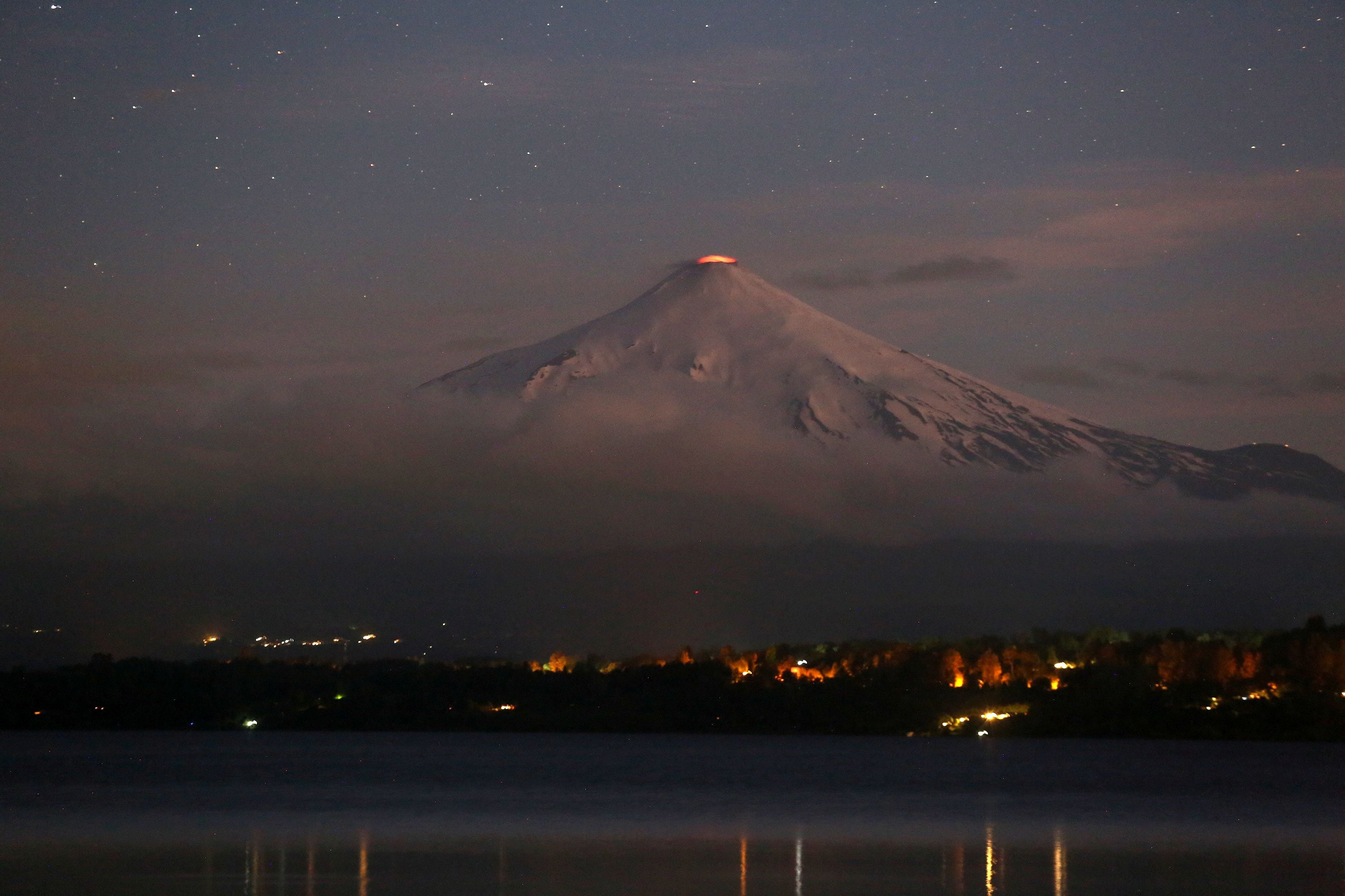 The Villarrica Volcano is seen at night from Villarrica area