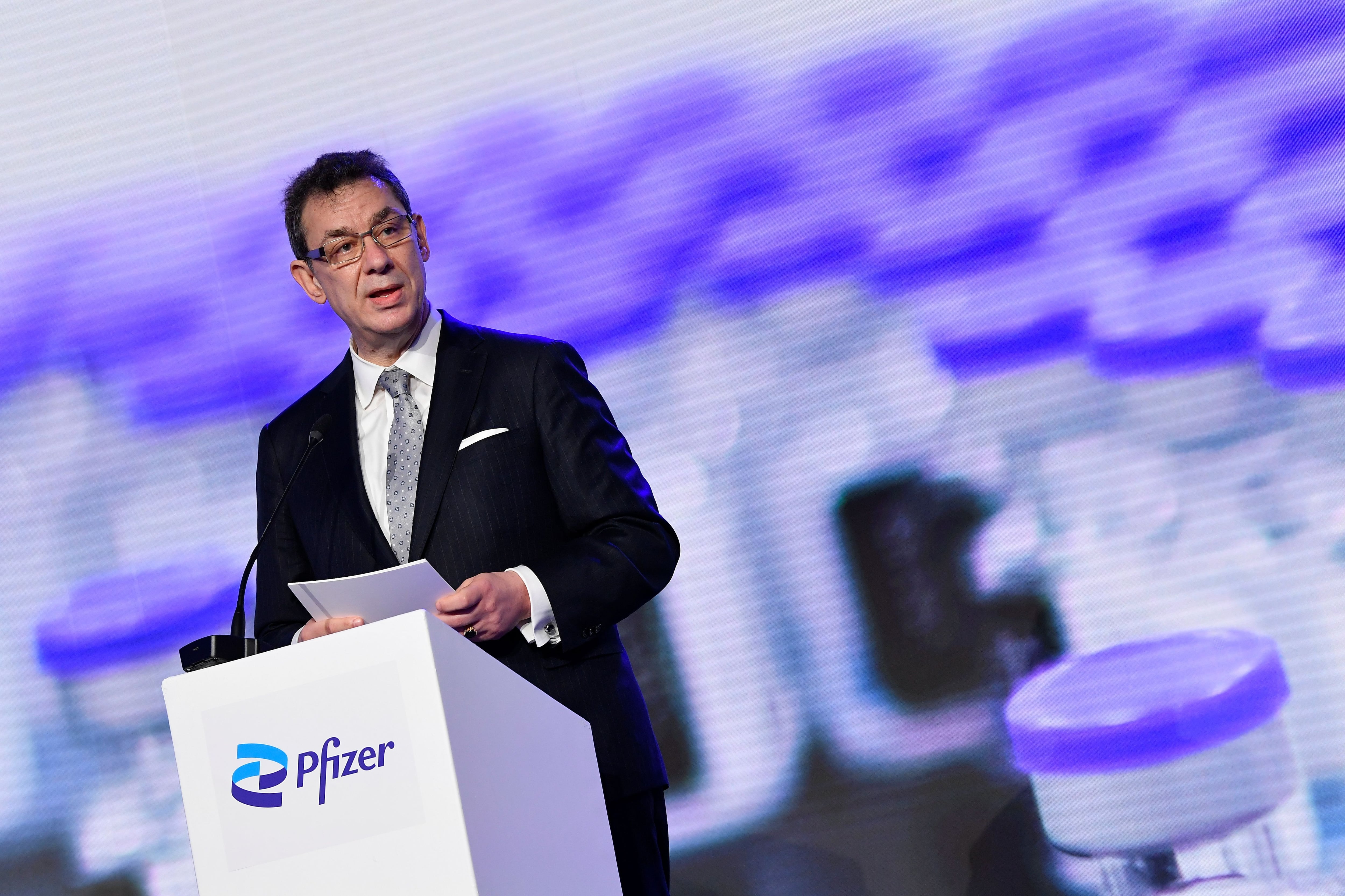 Pfizer CEO Albert Bourla talks during a press conference after a visit at Pfizer vaccine plant in Puurs