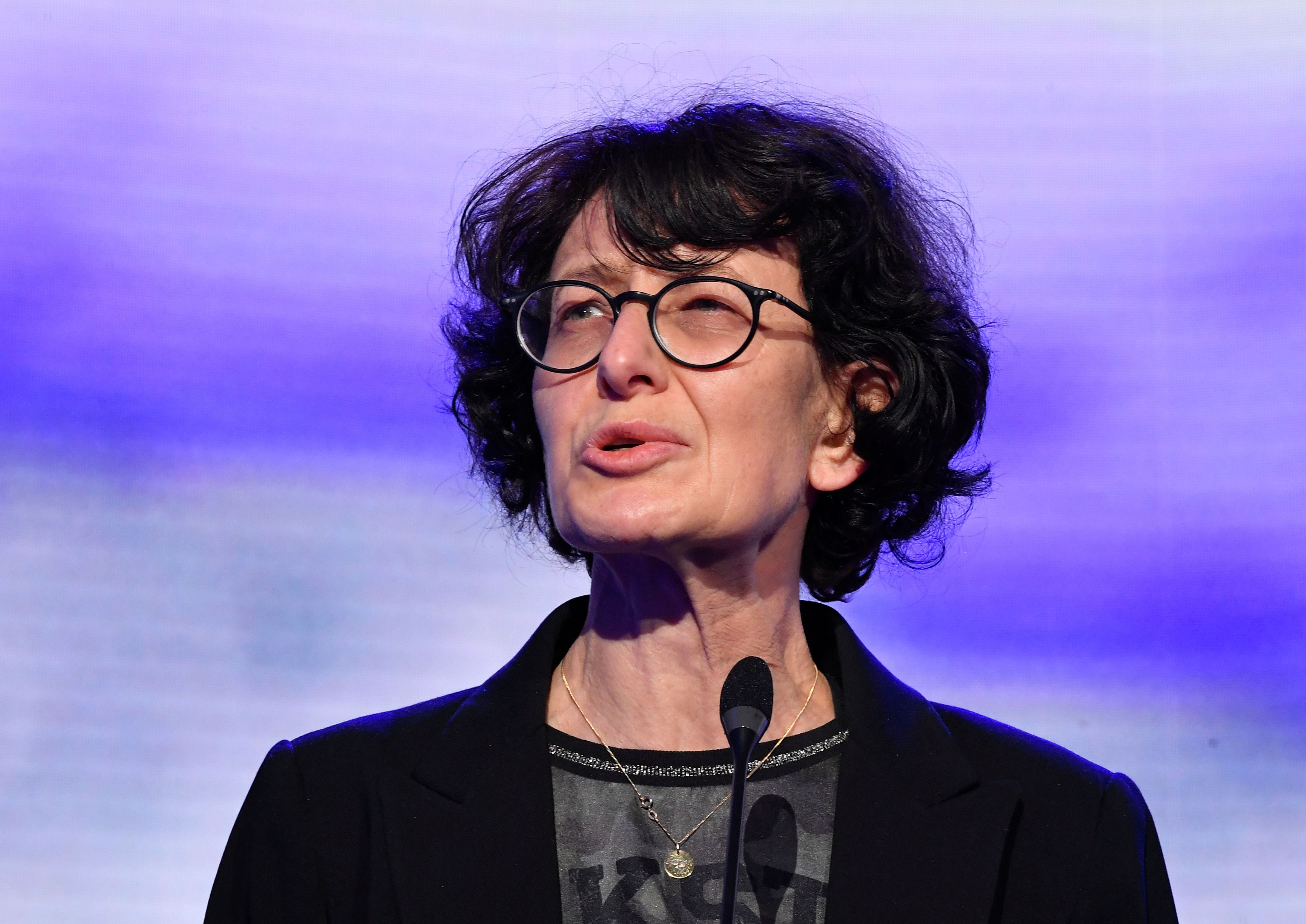 CMO and co-founder of BioNTech Ozlem Tureci talks during a press conference after a visit at Pfizer vaccine plant in Puurs