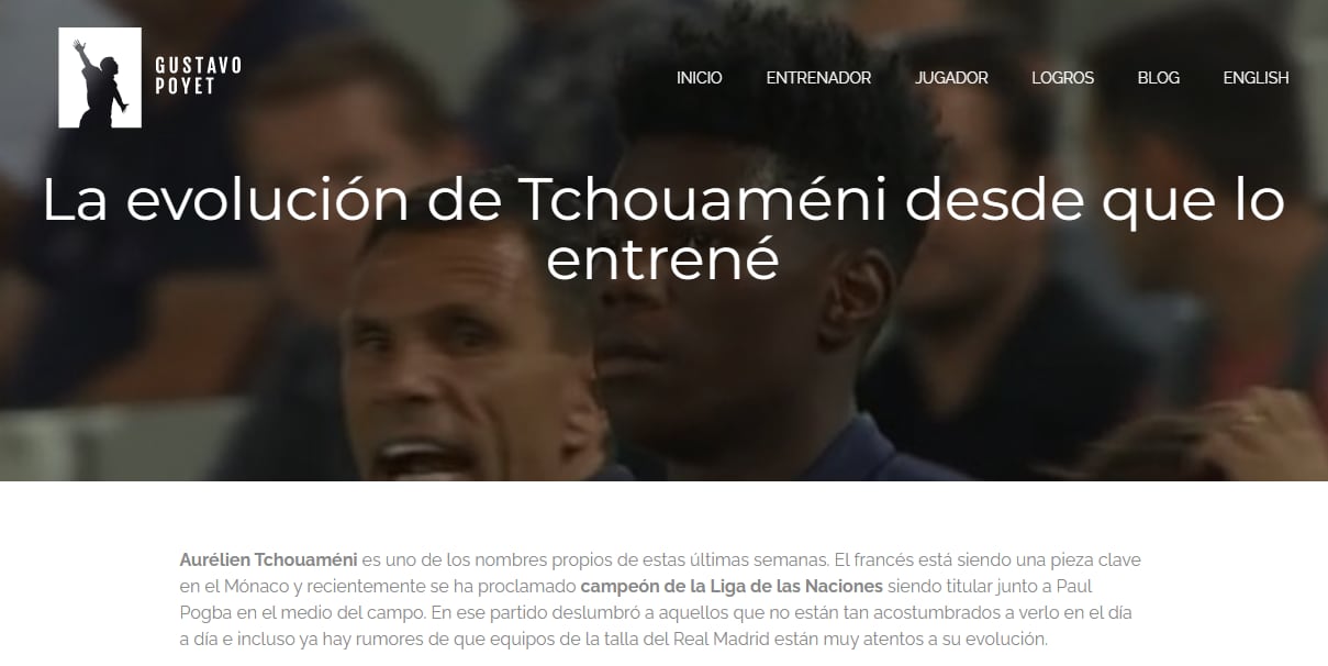 Imagen de la web de Gustavo Poyet, dedicándole una nota a la evolución de Tchouameni.