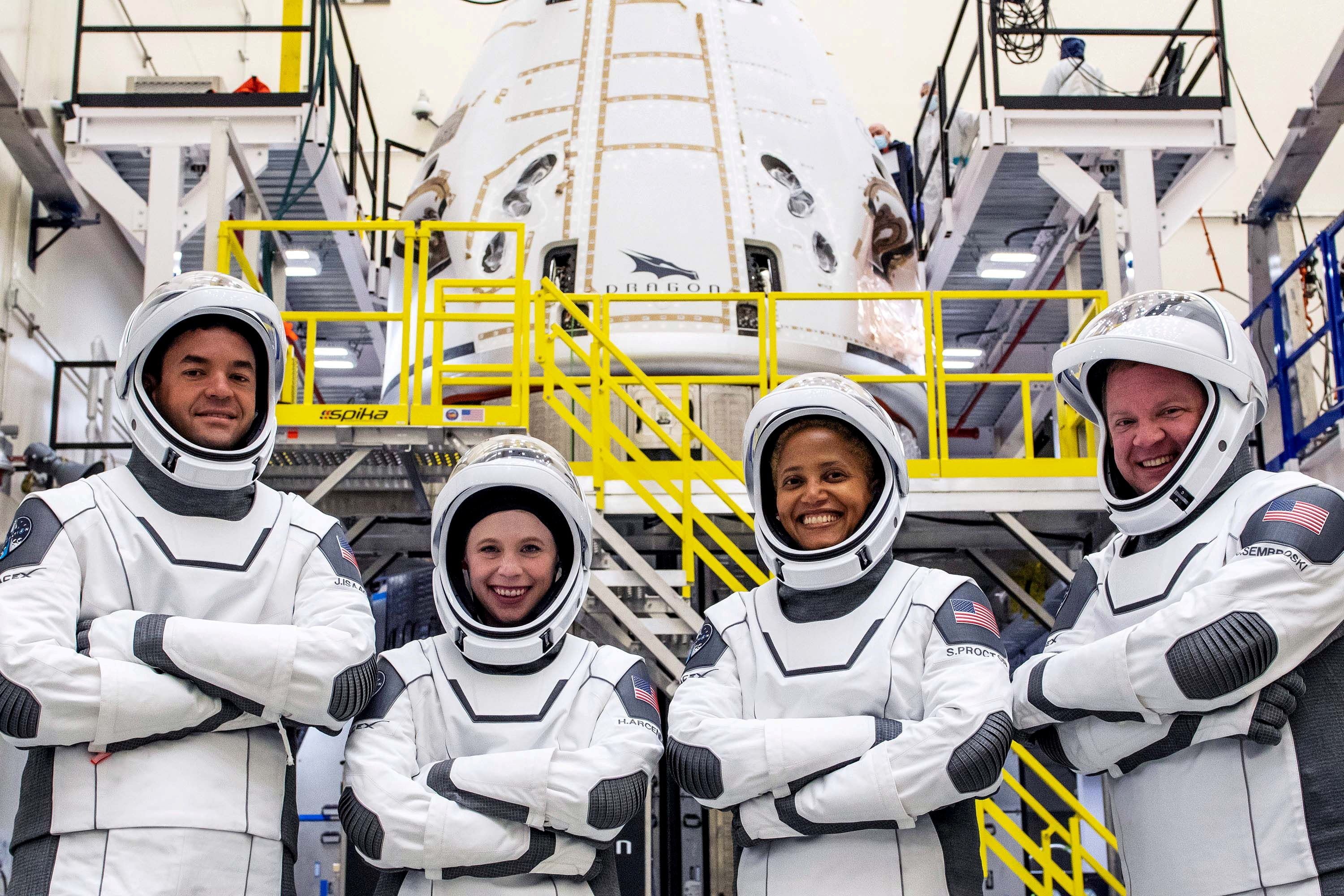 The Inspiration4 crew of Chris Sembroski, Sian Proctor, Jared Isaacman and Hayley Arceneaux poses while suited up