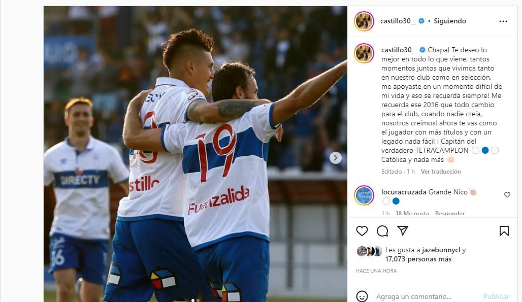 El mensaje que le dedicó Nicolás Castillo a José Pedro Fuenzalida en Instagram.