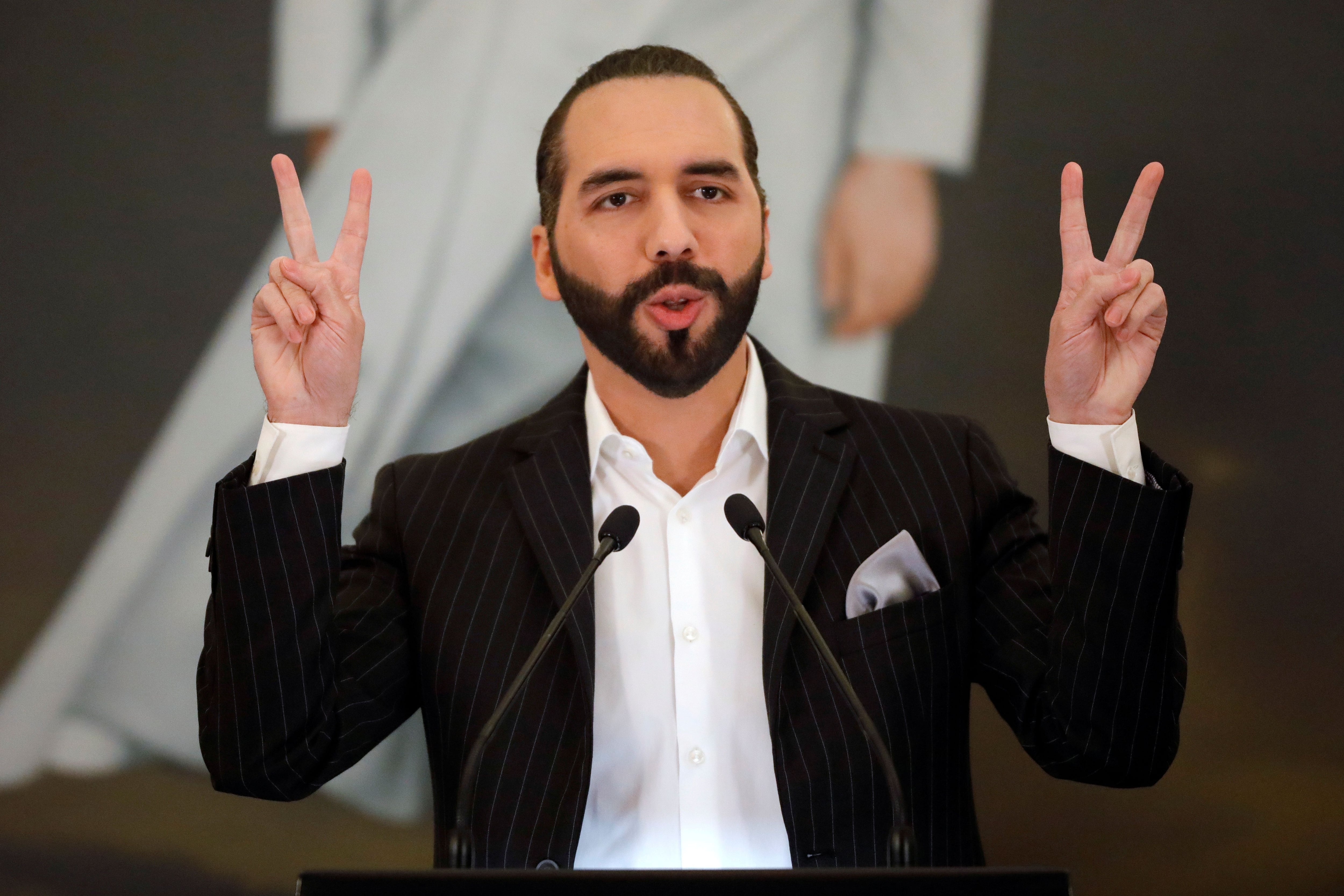 FILE PHOTO: El Salvador President Nayib Bukele speaks during a news conference in San Salvador