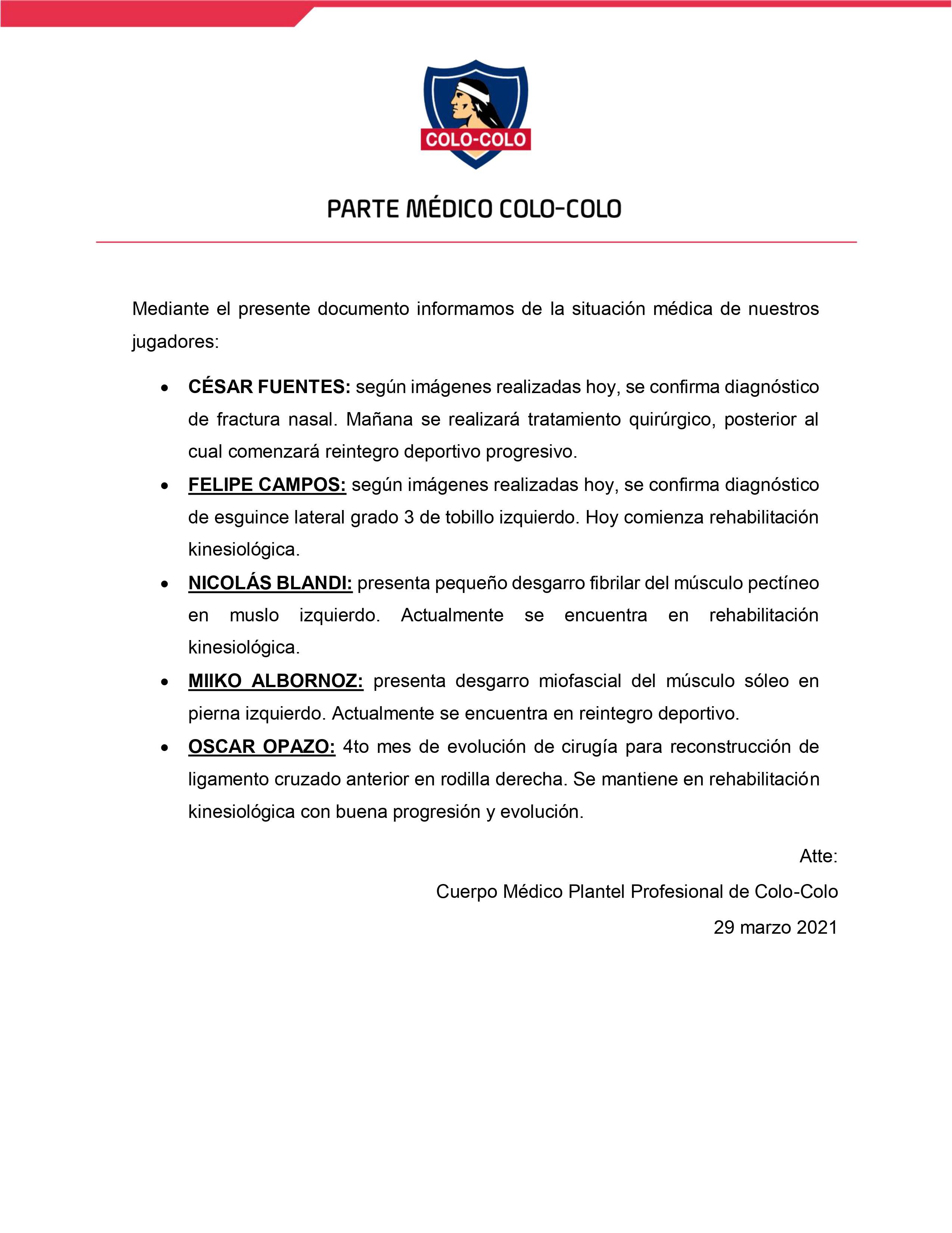 El parte médico de Colo Colo.