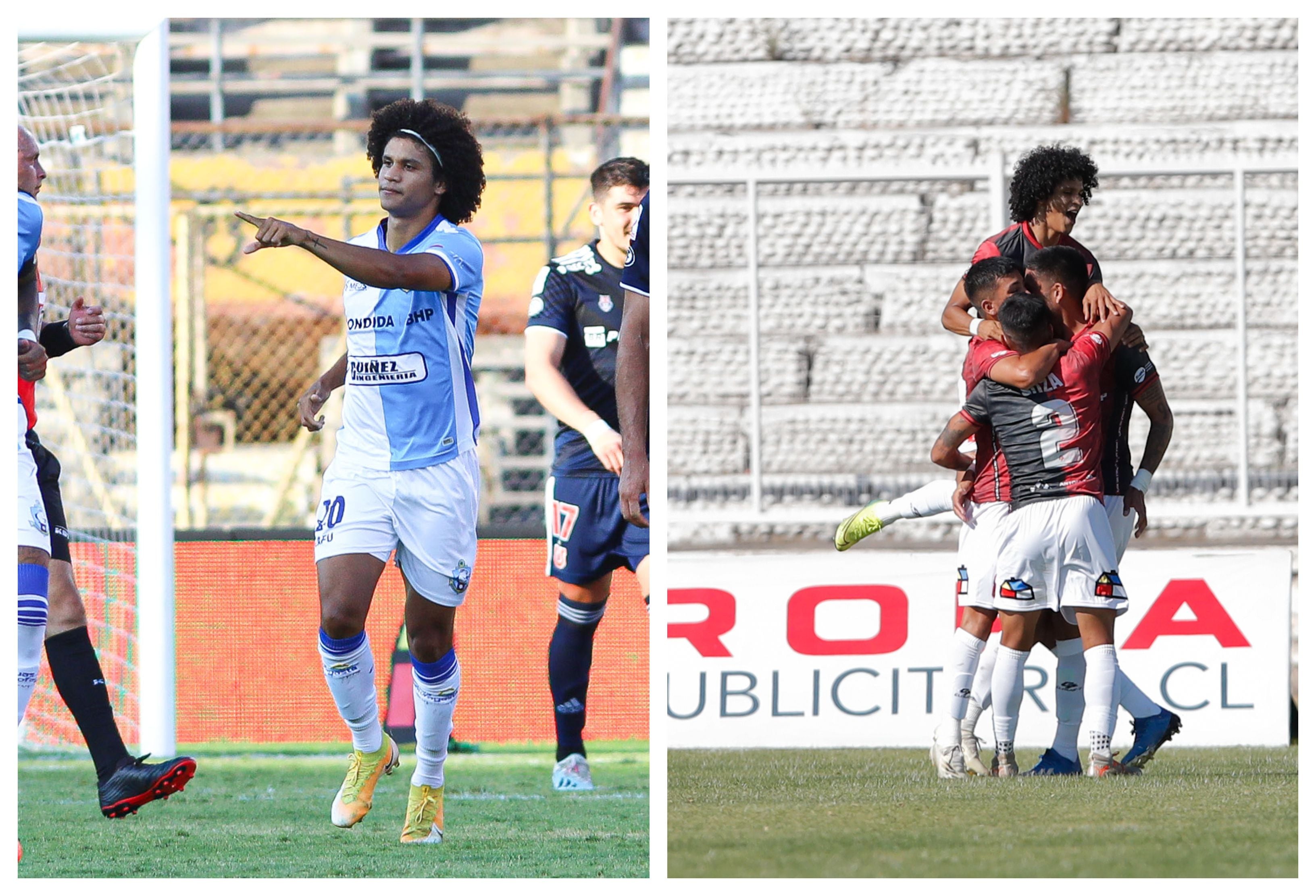 Eduard Bello, a la izquierda, festejando ante la U en la última jornada del torneo 2020 y, a la derecha, celebrando en la primera fecha del campeonato 2021 contra Palestino.