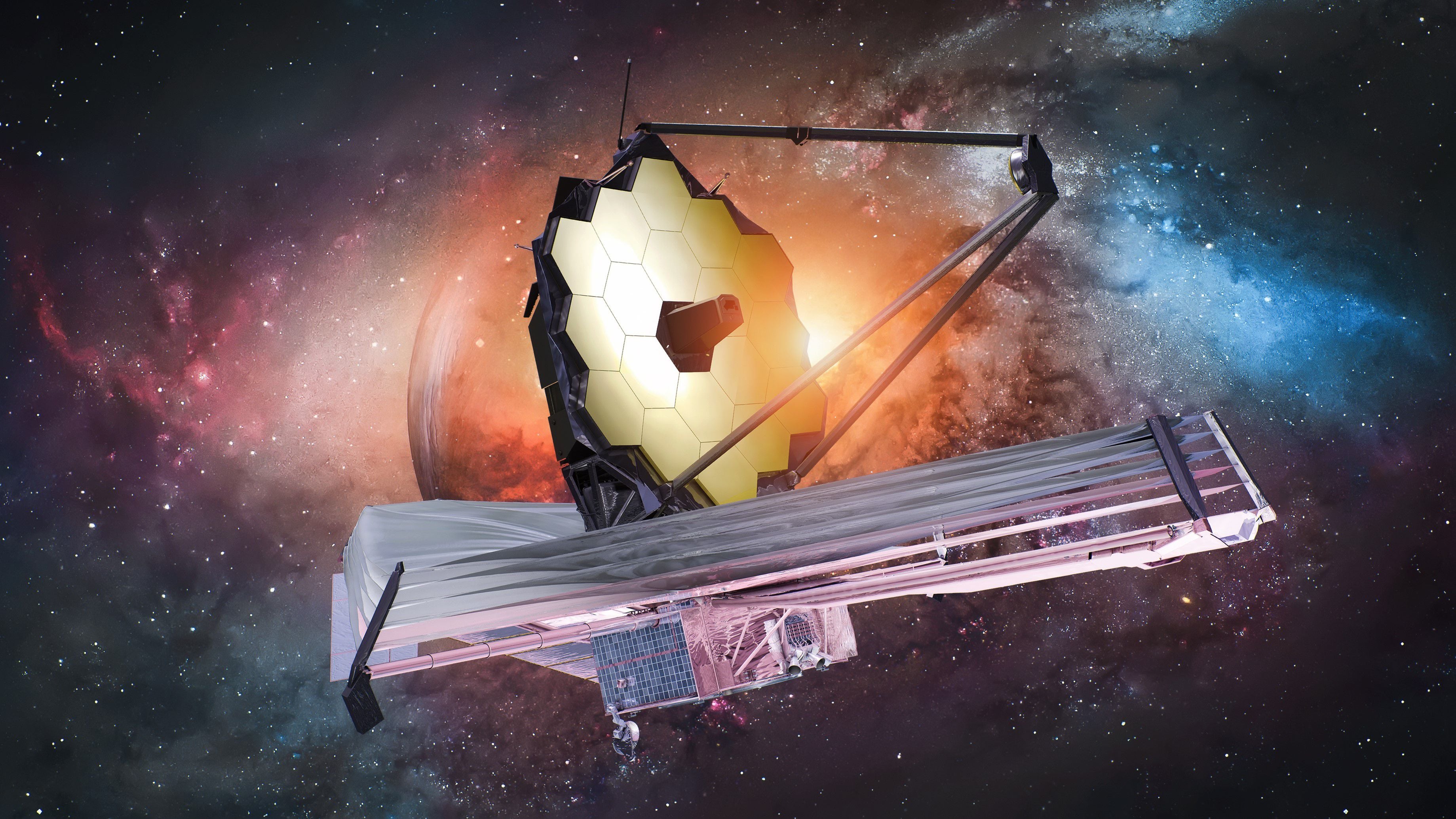 JWST in outer space. James Webb telescope far galaxy explore. Sci-fi space collage. Astronomy science. Elemets of this image furnished by NASA