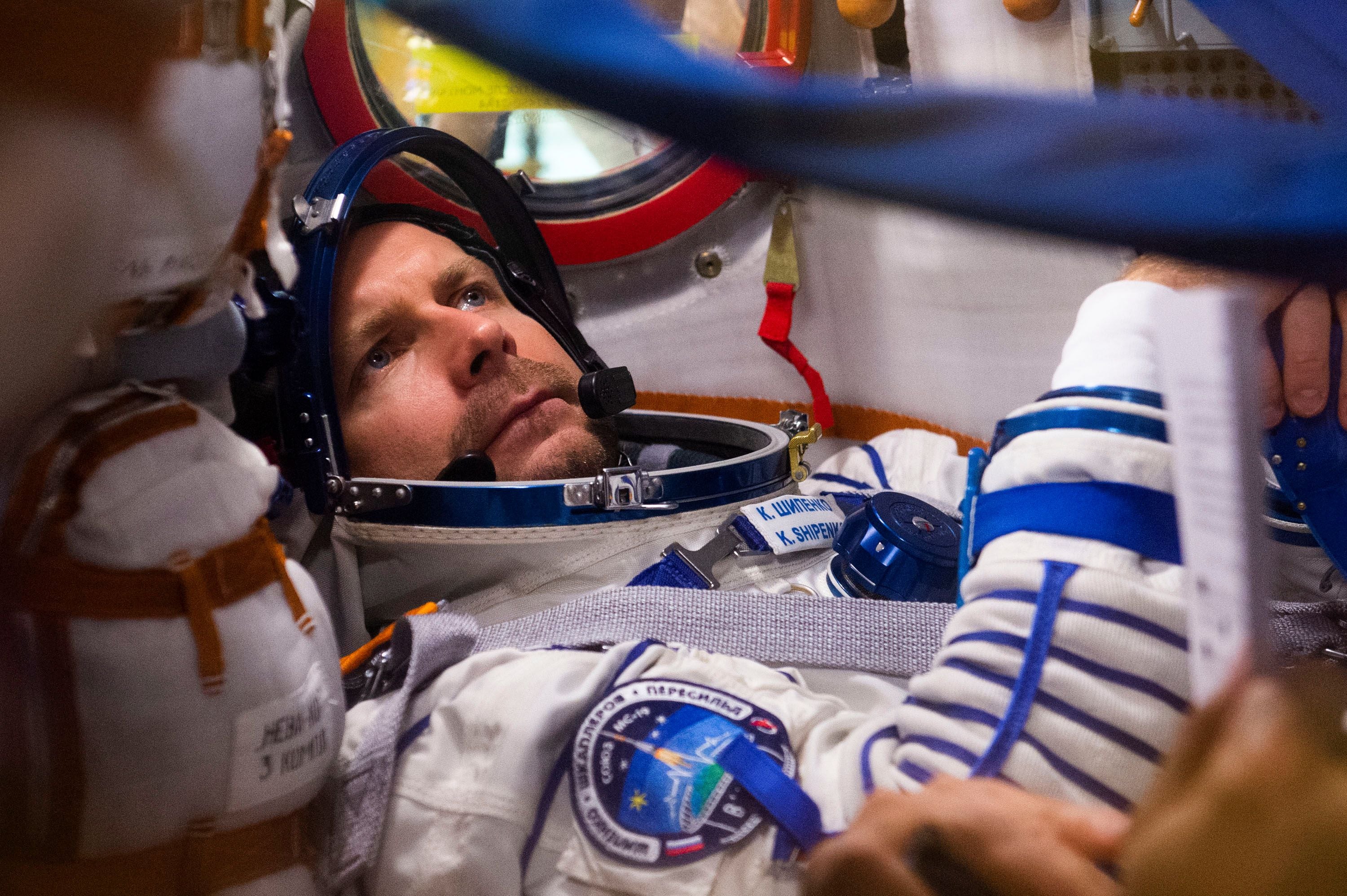 The International Space Station (ISS) crew members attend a training session at the Baikonur Cosmodrome