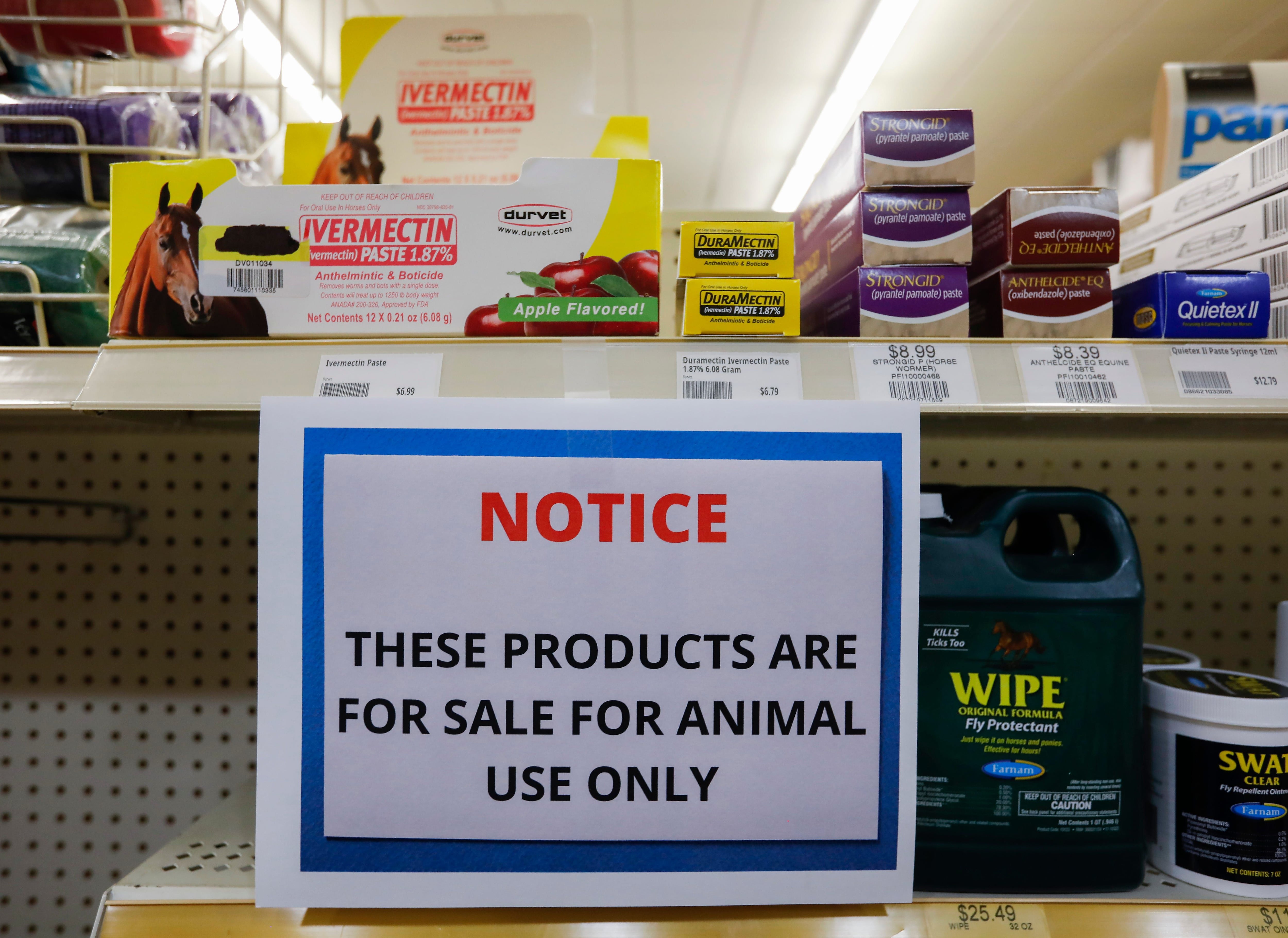 A sign at a Missouri store warns customers that Ivermectin is \"for sale for animal use only.\"Ivermectin002