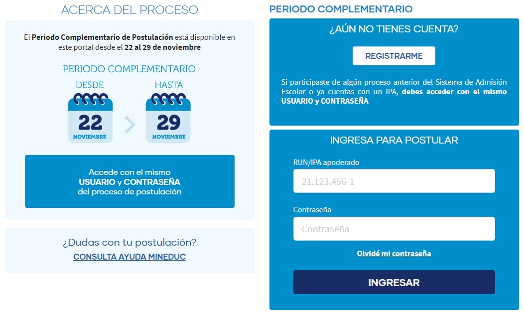 Ingresar a la postulación del Periodo Complementario