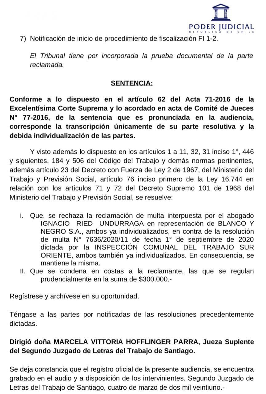 El fallo del tribunal que condena a Blanco y Negro.