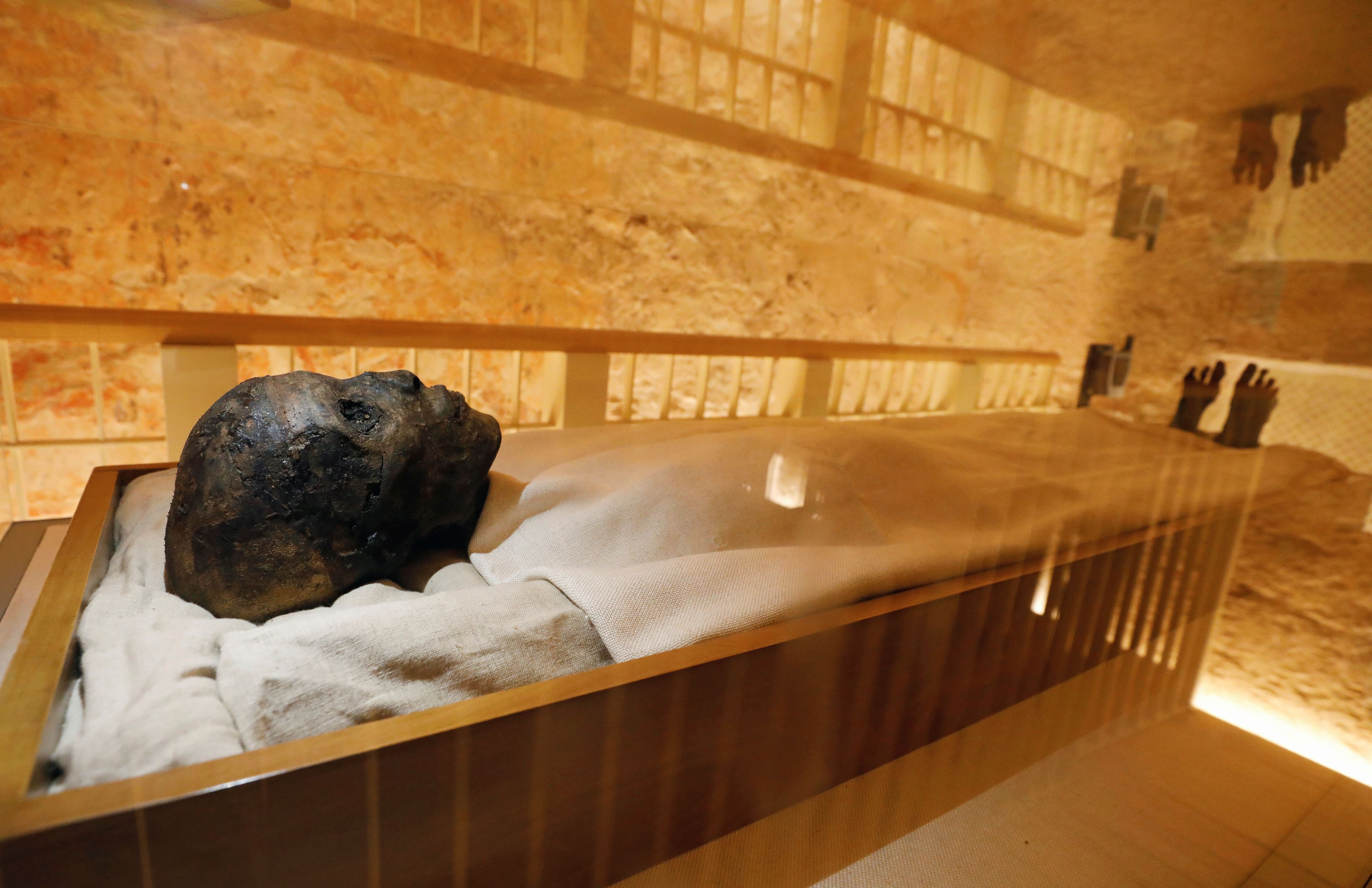 The mummy of boy pharaoh King Tutankhamun is on display in his newly renovated tomb in the Valley of the Kings in Luxor