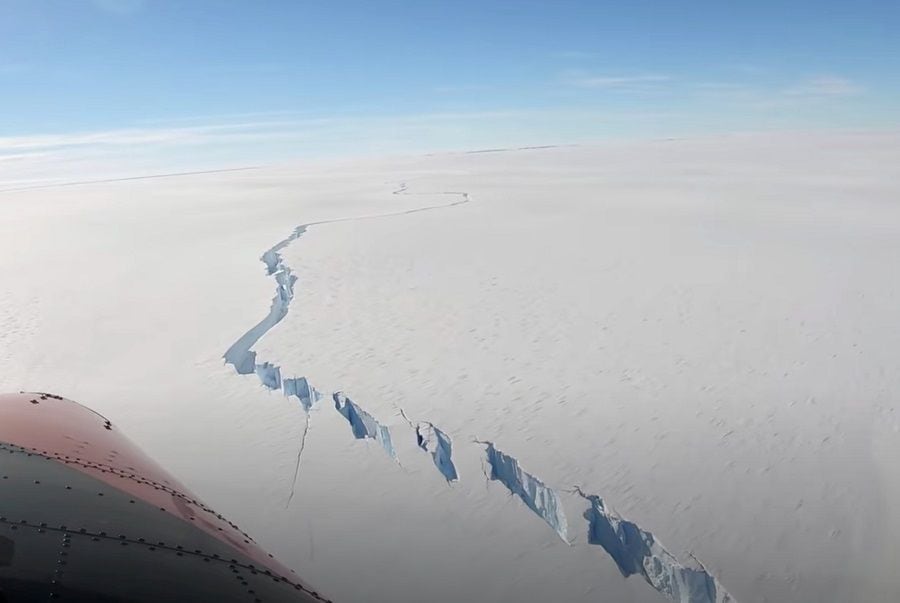 A chasm called the North Rift formed on the Brunt Ice Shelf is seen in Antarctica