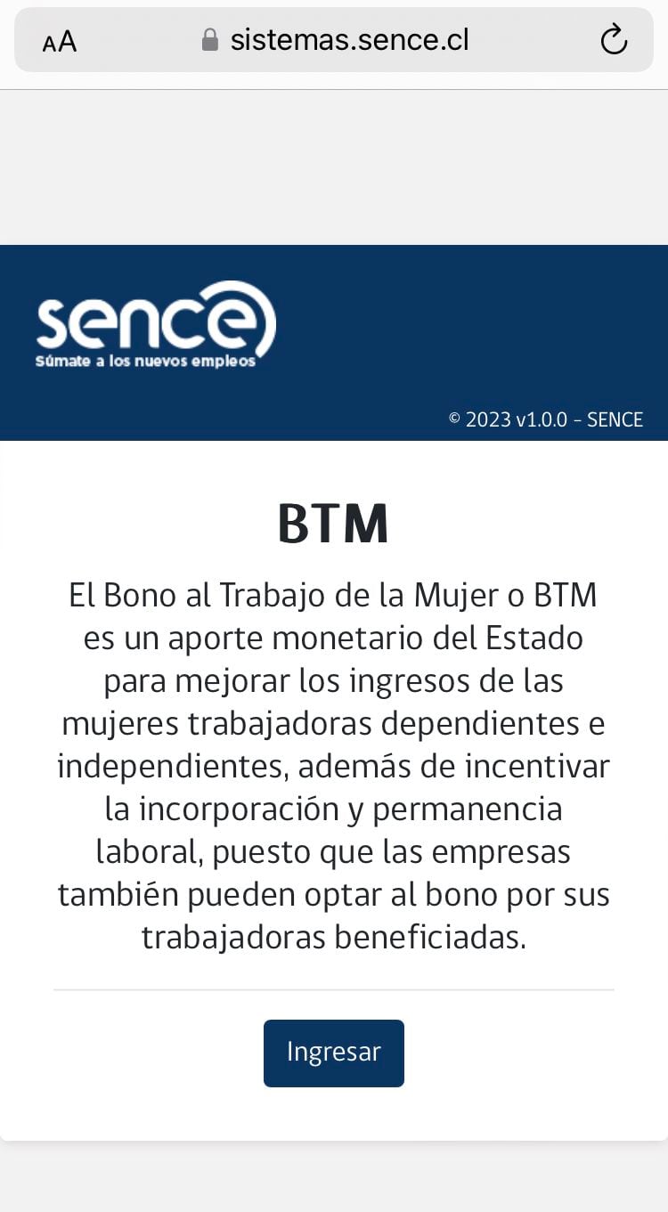 Página del Sence para acceder a información sobre el Bono al Trabajo de la Mujer.