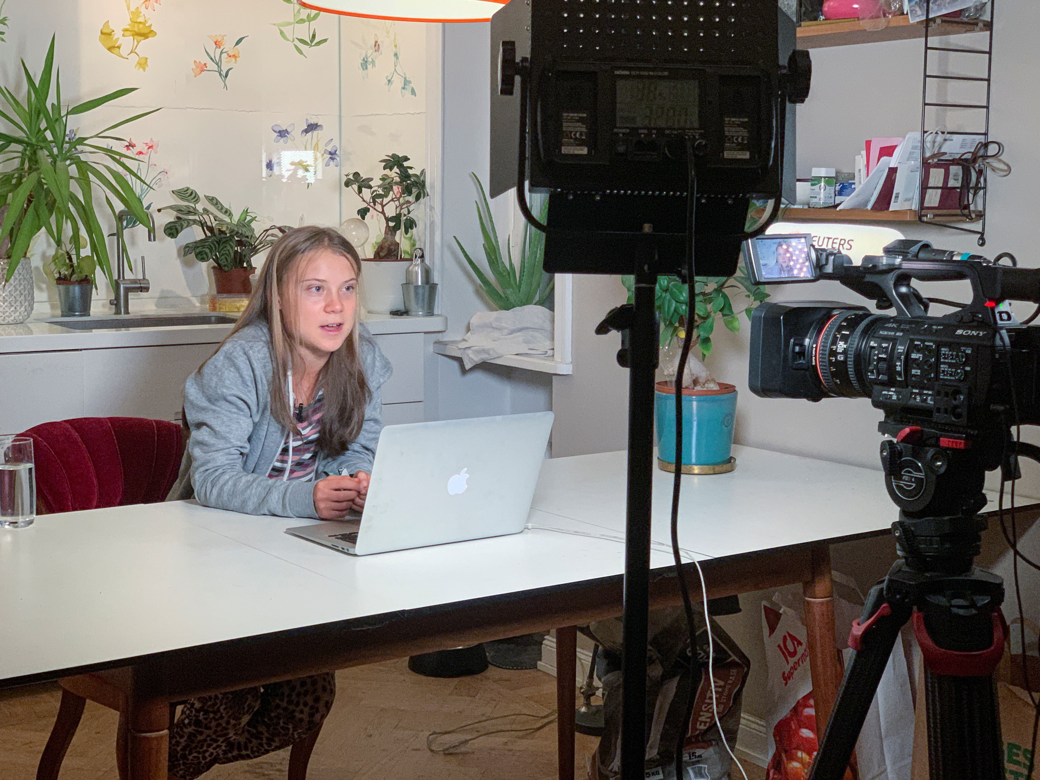 Climate activist Greta Thunberg speaks during an interview at her home in Stockholm