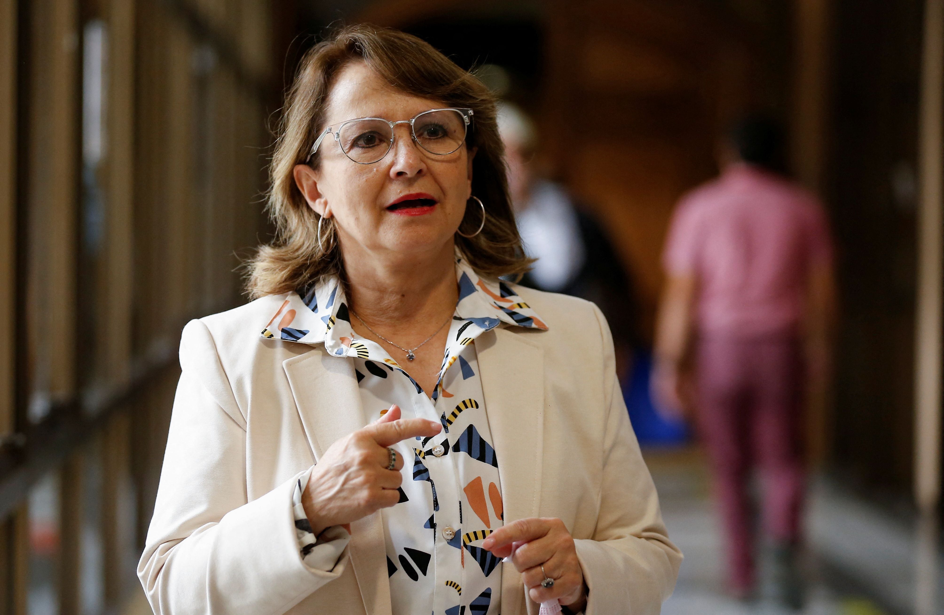 Chile's Mining Minister Marcela Hernando Perez speaks to the media at the congress in Valparaiso