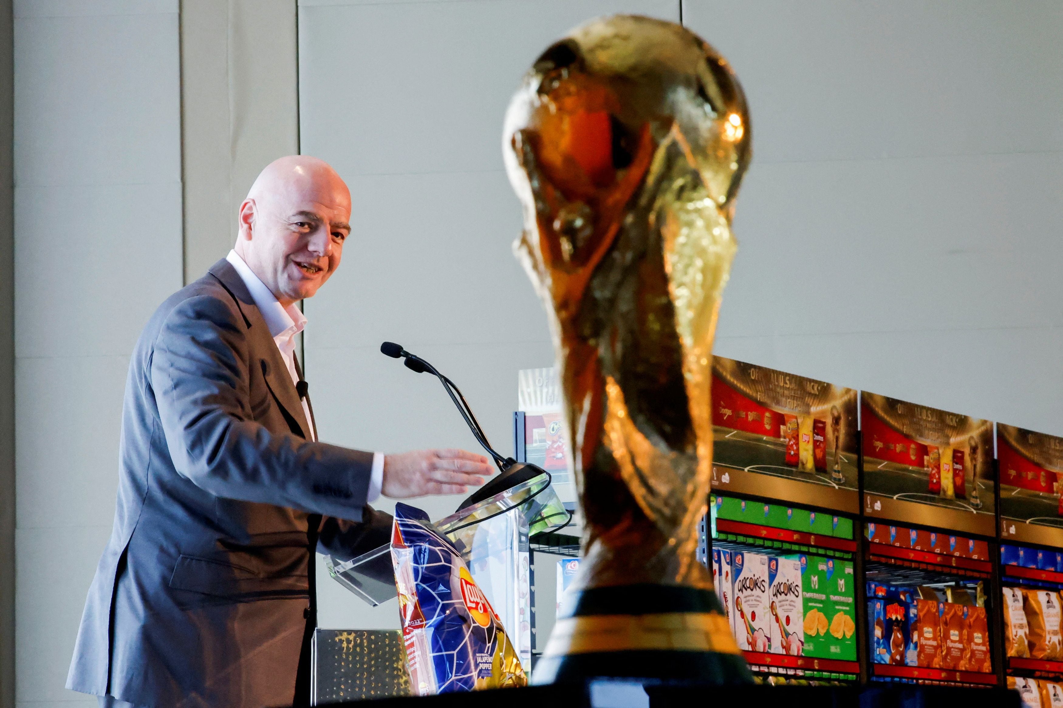 Official World Cup Trophy appears at FIFA/Frito Lay news conference ahead of 2026 World Cup