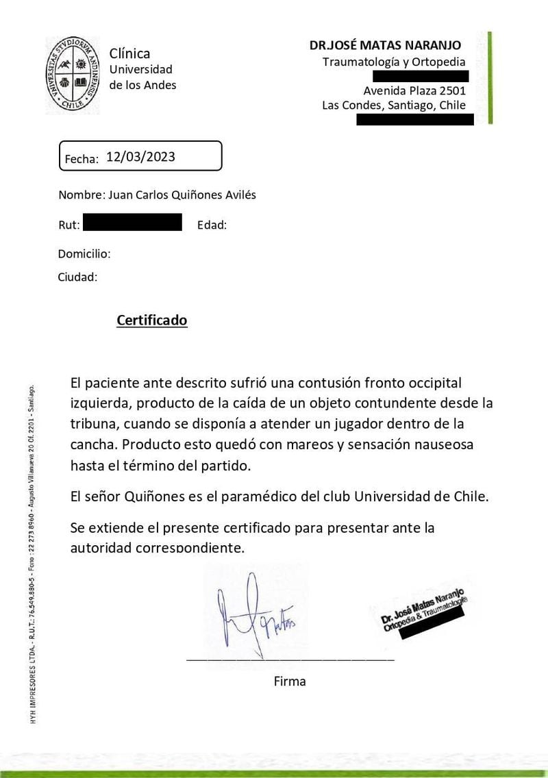 El certificado que acredita las lesiones del paramédico azul Juan Carlos Quiñones.