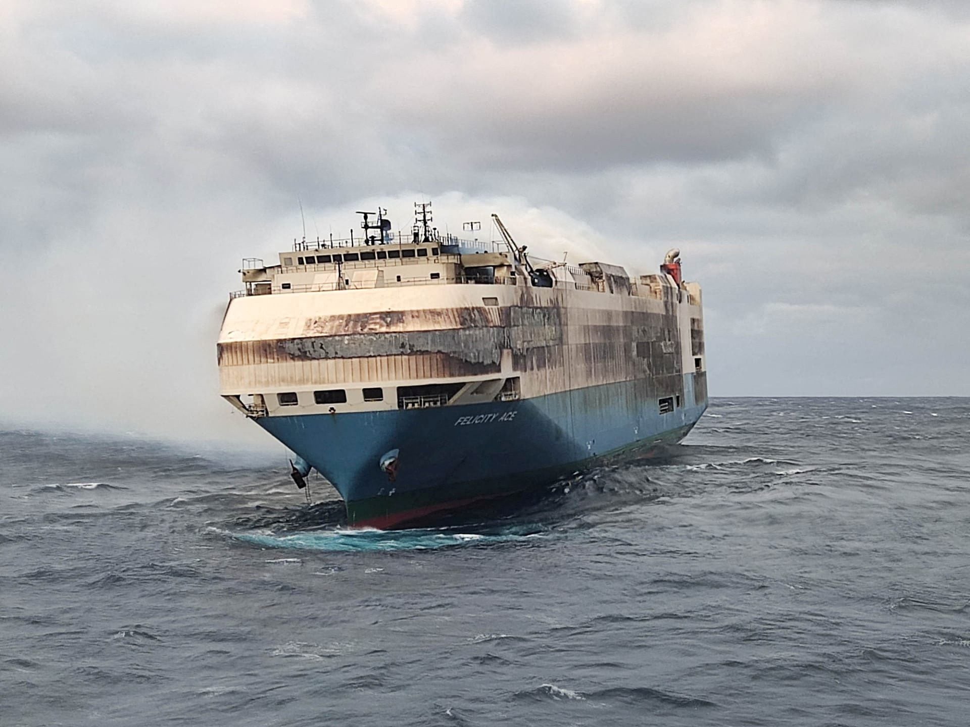 FILE PHOTO: Ship Felicity Ace burns more than 100 km from the Azores island