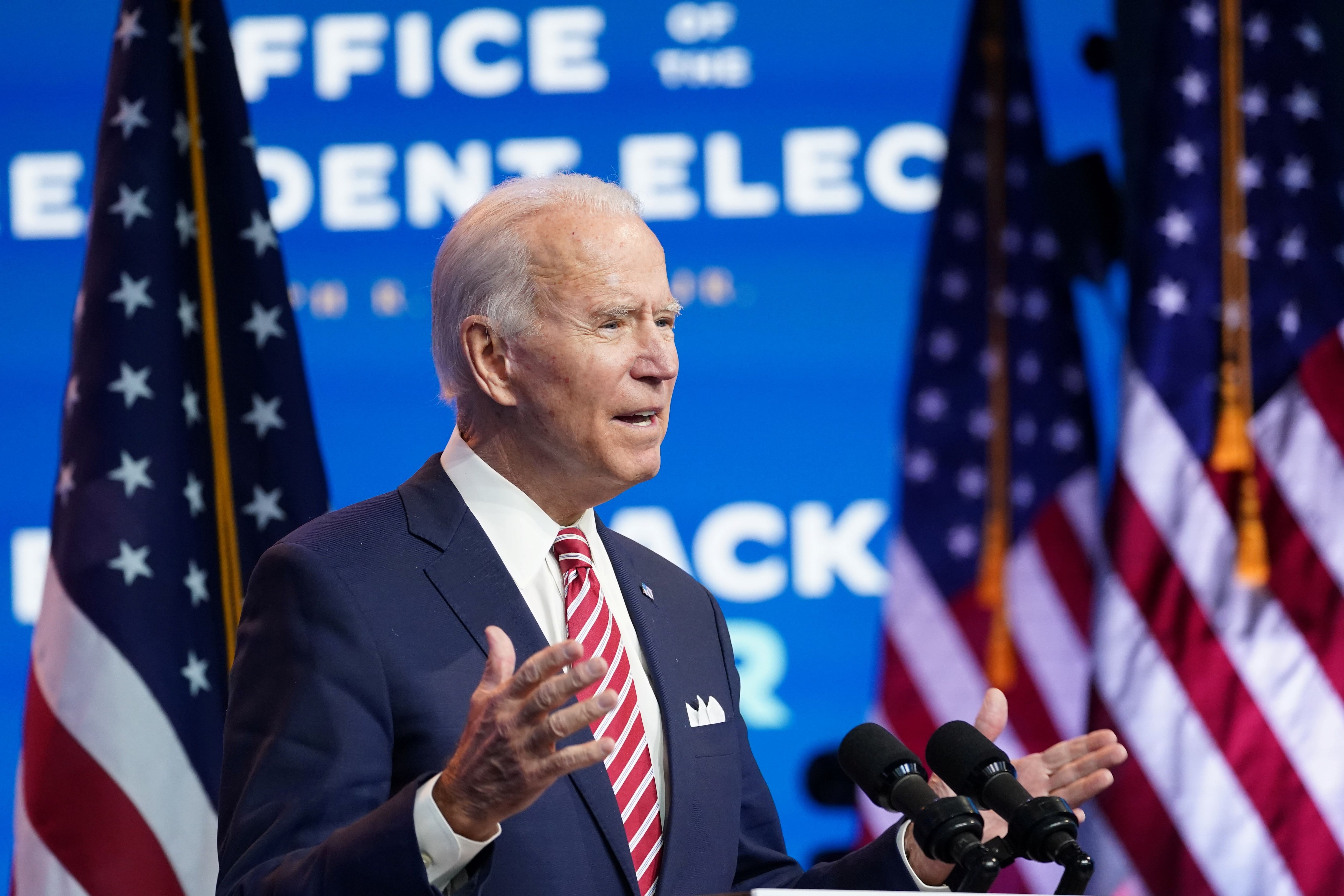 U.S. President-elect Joe Biden speaks about the U.S. economy after a briefing in Wilmington, Delaware