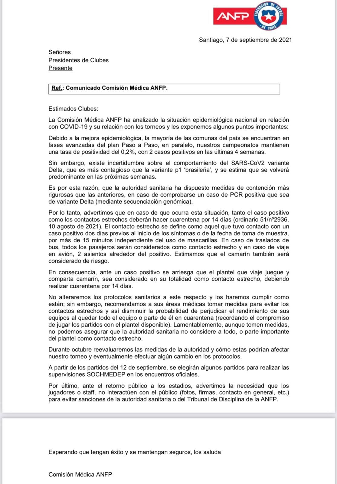 Carta de la comisión médica enviada a los clubes, el pasado 7 de septiembre.